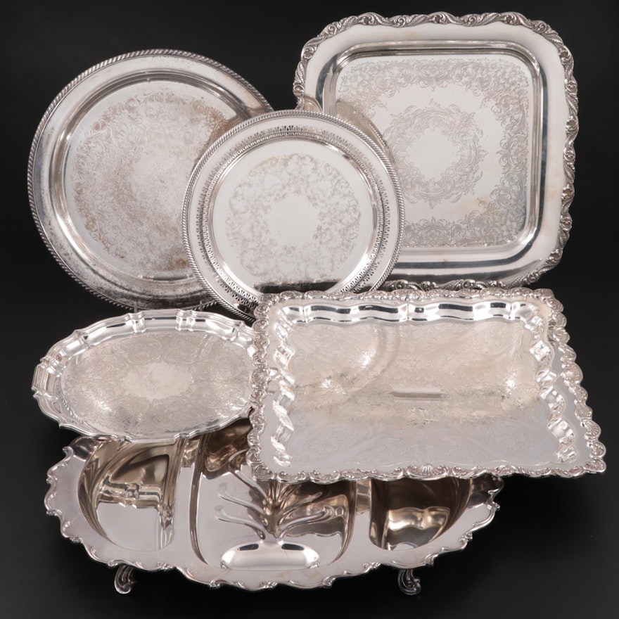 American Silver Plate Chased Trays and Three-Part Meat Platter