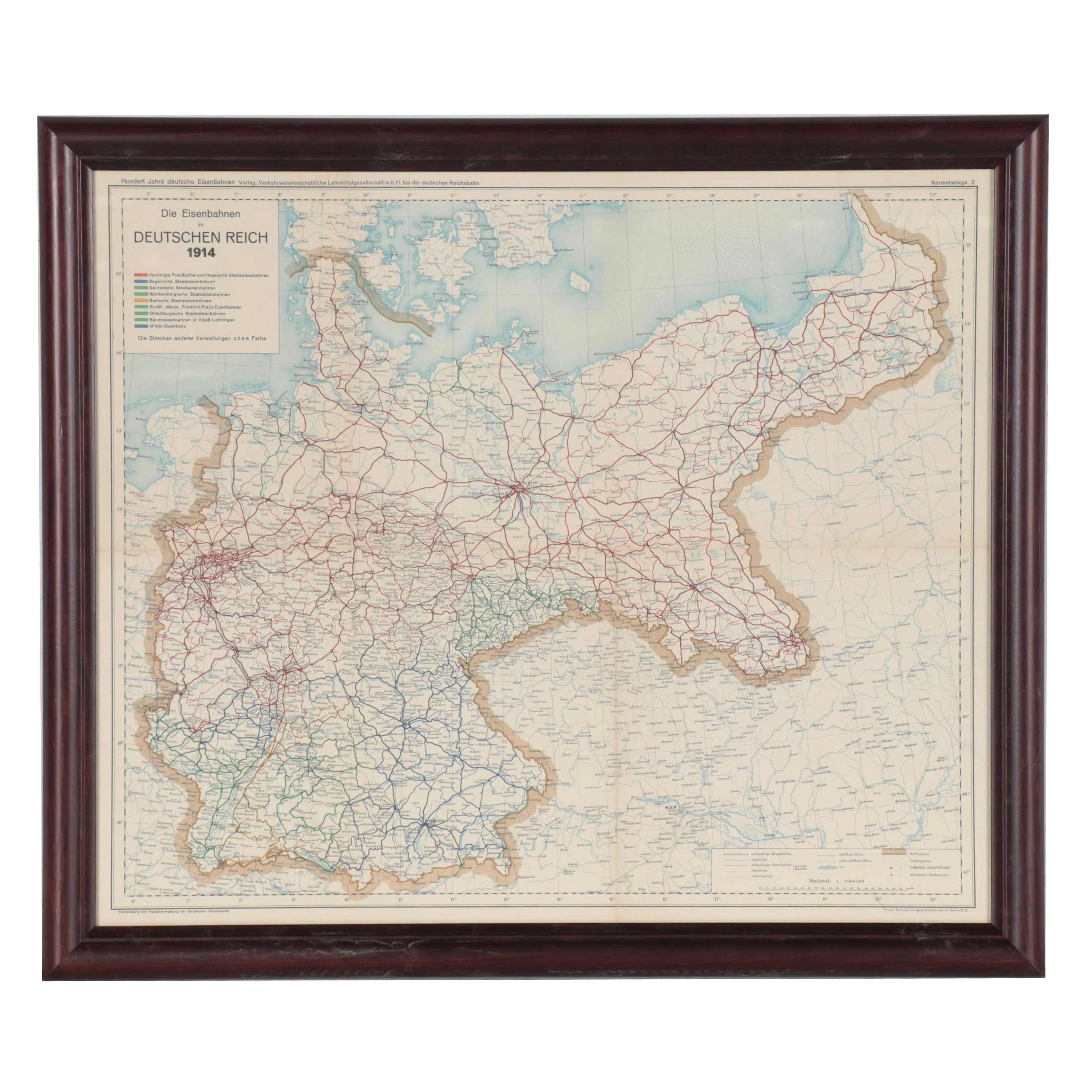 Lithographic Railroad Map "Die Eisenbahnen im Deutschen Reich," 1914