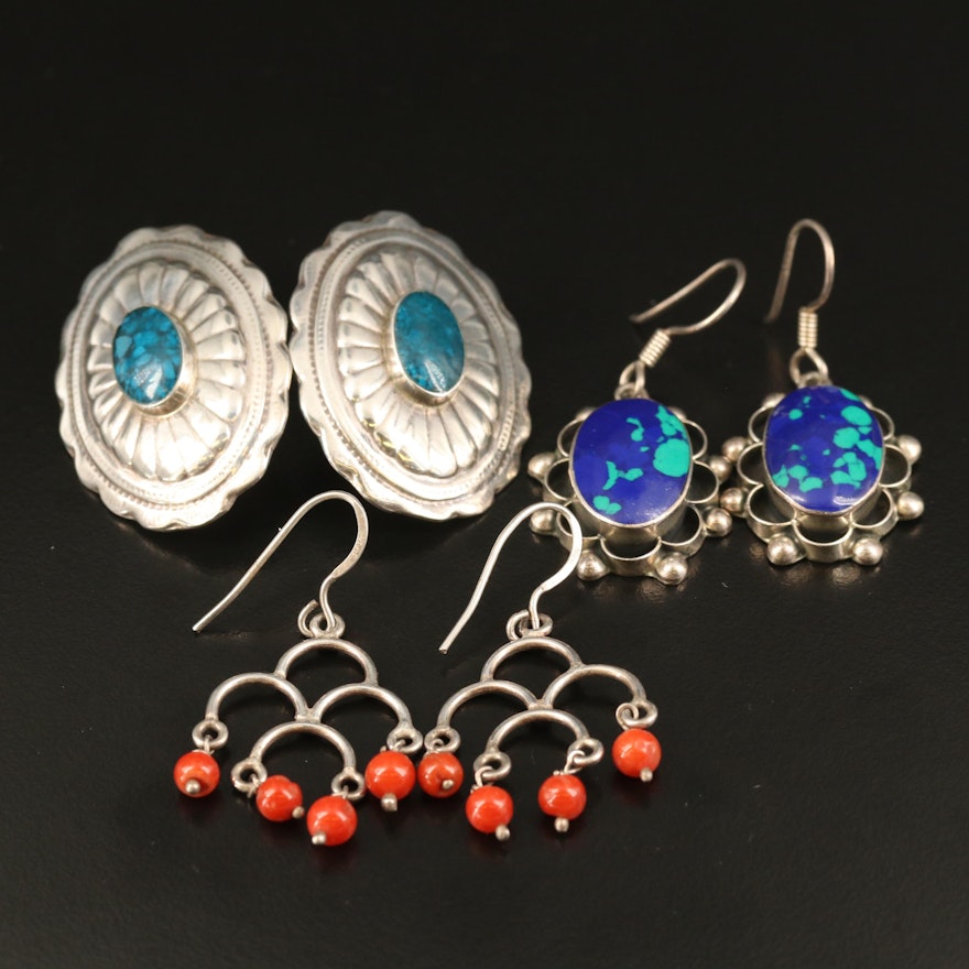 Mexican and Western Sterling Coral, Faux Azurmalachite and Inlay Earrings