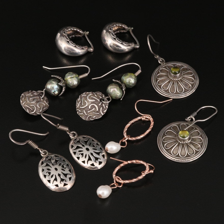 Disk, Hoop and Pearl Earrings Featuring Sterling Silver
