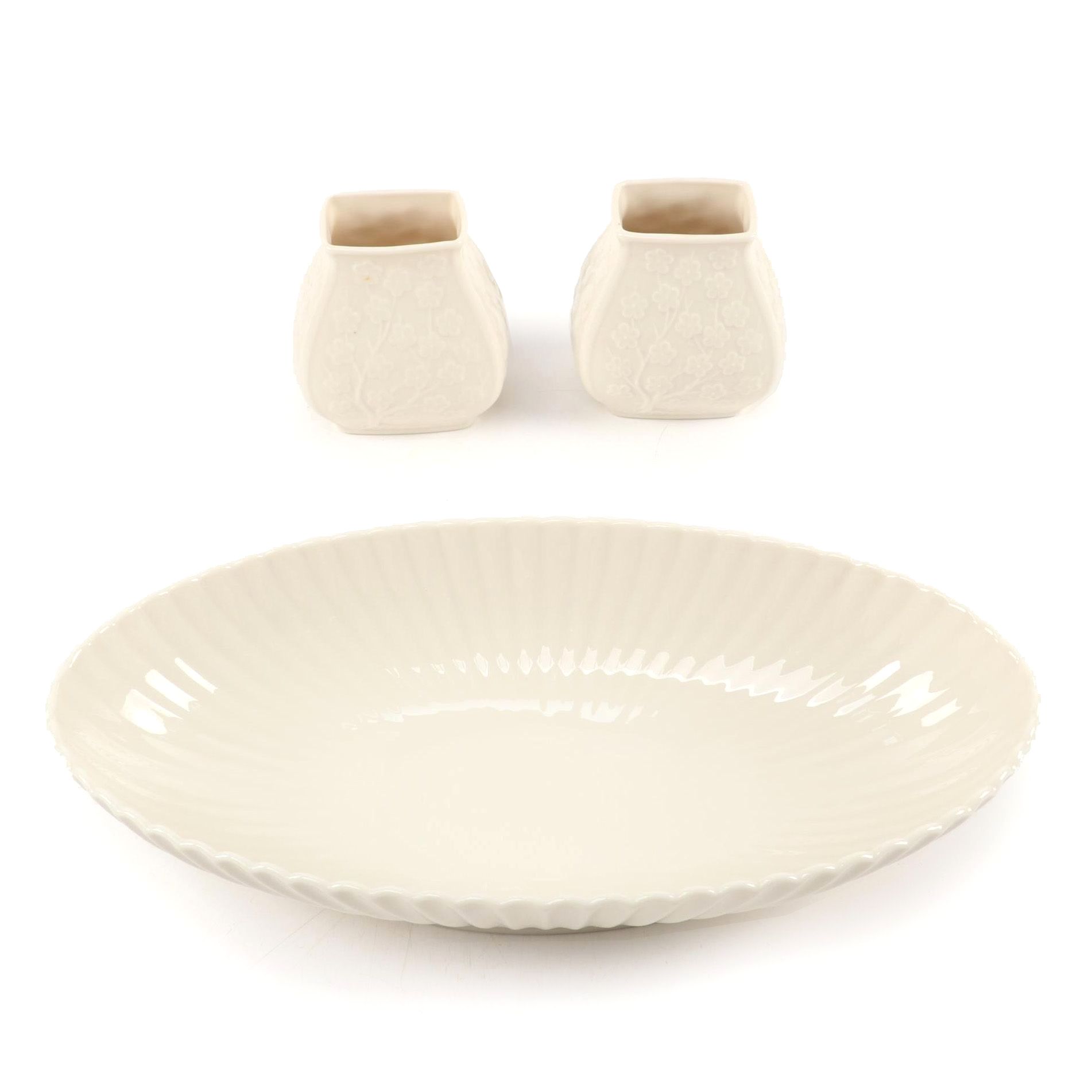 Lenox Porcelain Fluted Oval Bowl and Cherry Blossom Motif Vases