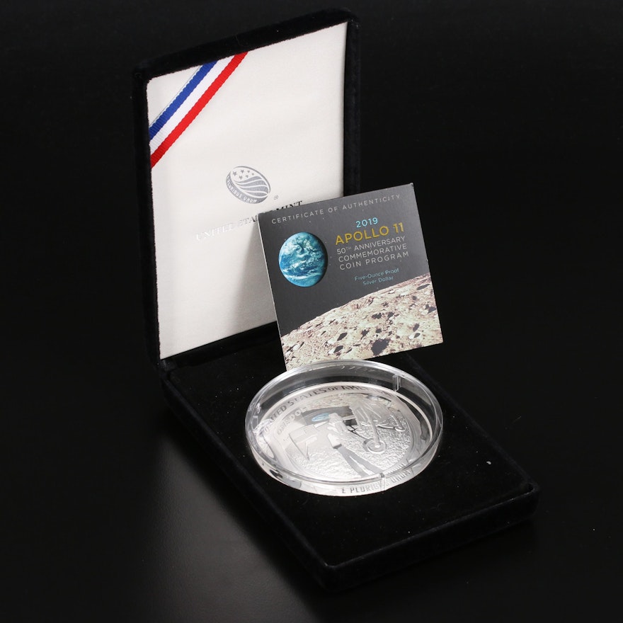 Apollo 11 Five Troy Ounce .999 Fine Silver Proof Commemorative Coin, 2019