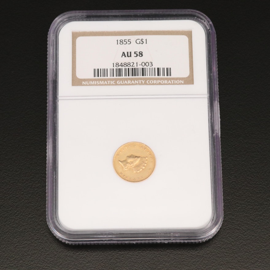 NGC Graded AU58 1855 Type II Indian Princess Head $1 Gold Coin