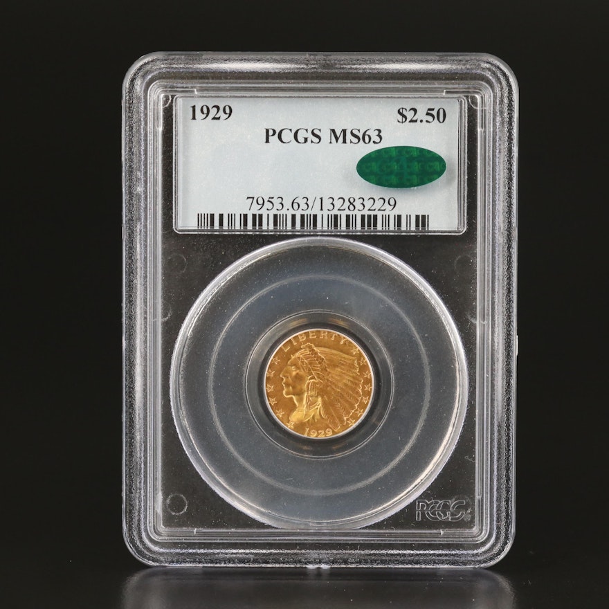 PCGS Graded MS63 w/CAC 1929 Indian Head $2.50 Gold Quarter Eagle