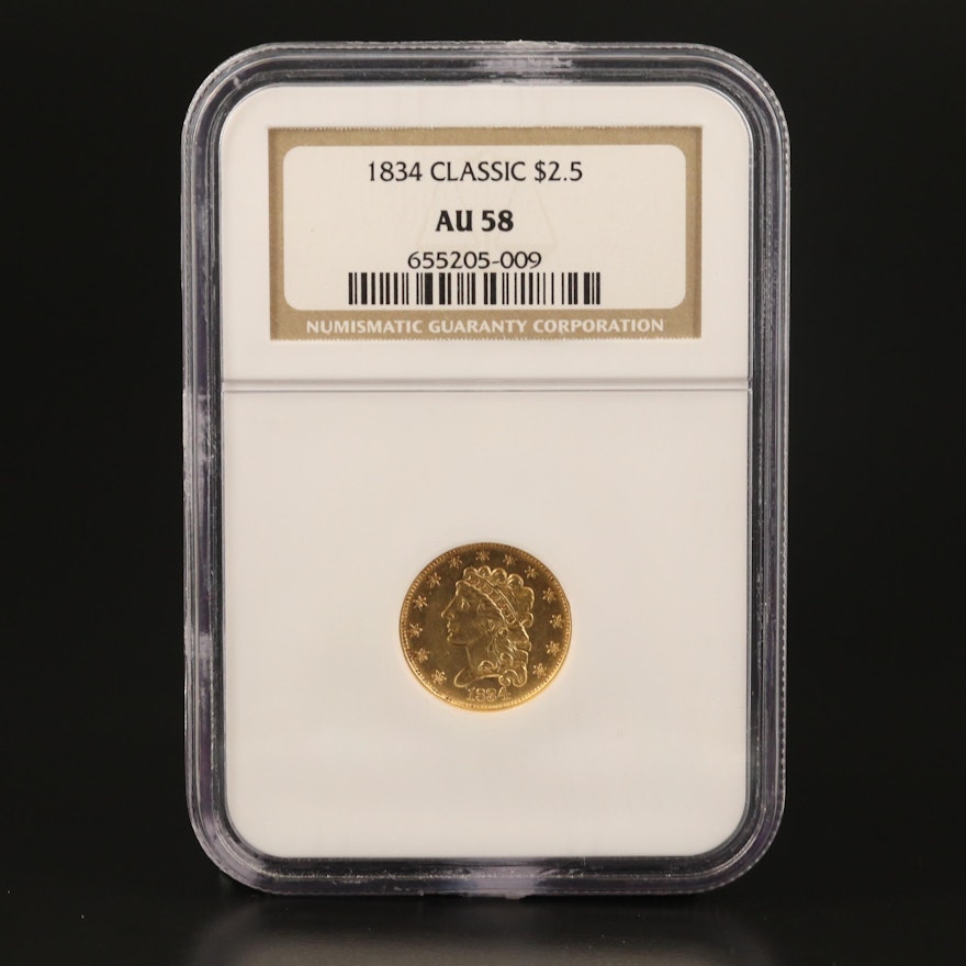 NGC Graded AU58 1834 Classic Head $2.50 Quarter Eagle Gold Coin