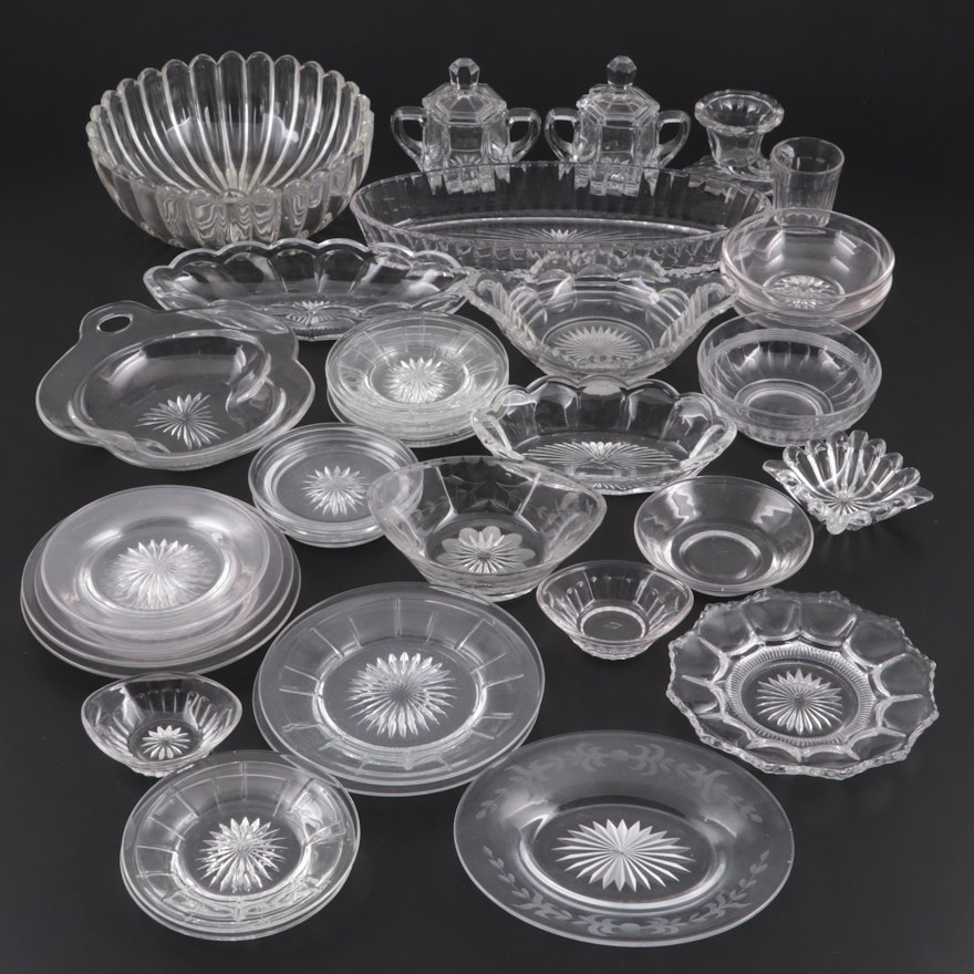 Heisey Pressed Glass Salt Cellars and Serving Dishes with Other Tableware