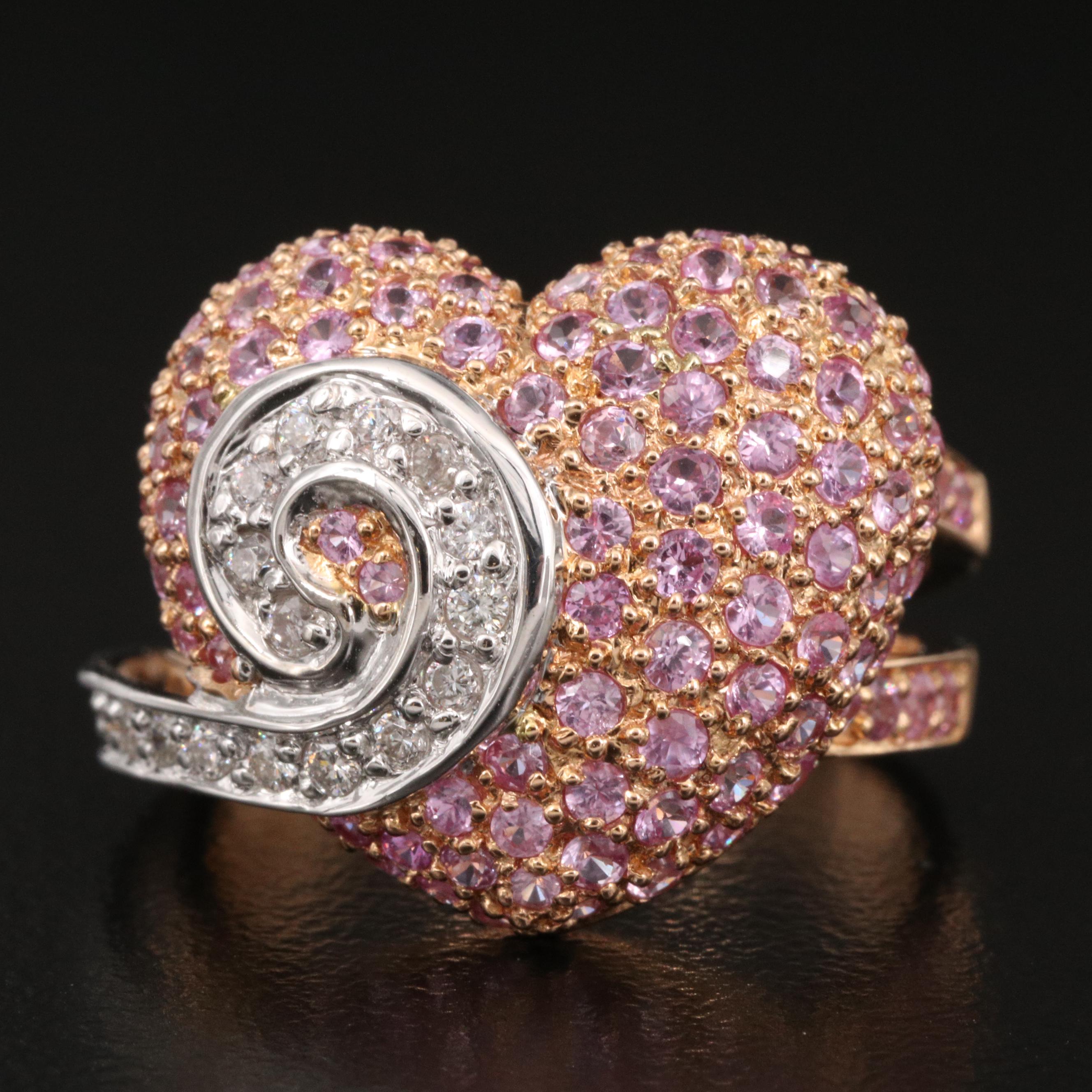 14K Diamond and Pink Sapphire Puff Heart Ring with Spiral