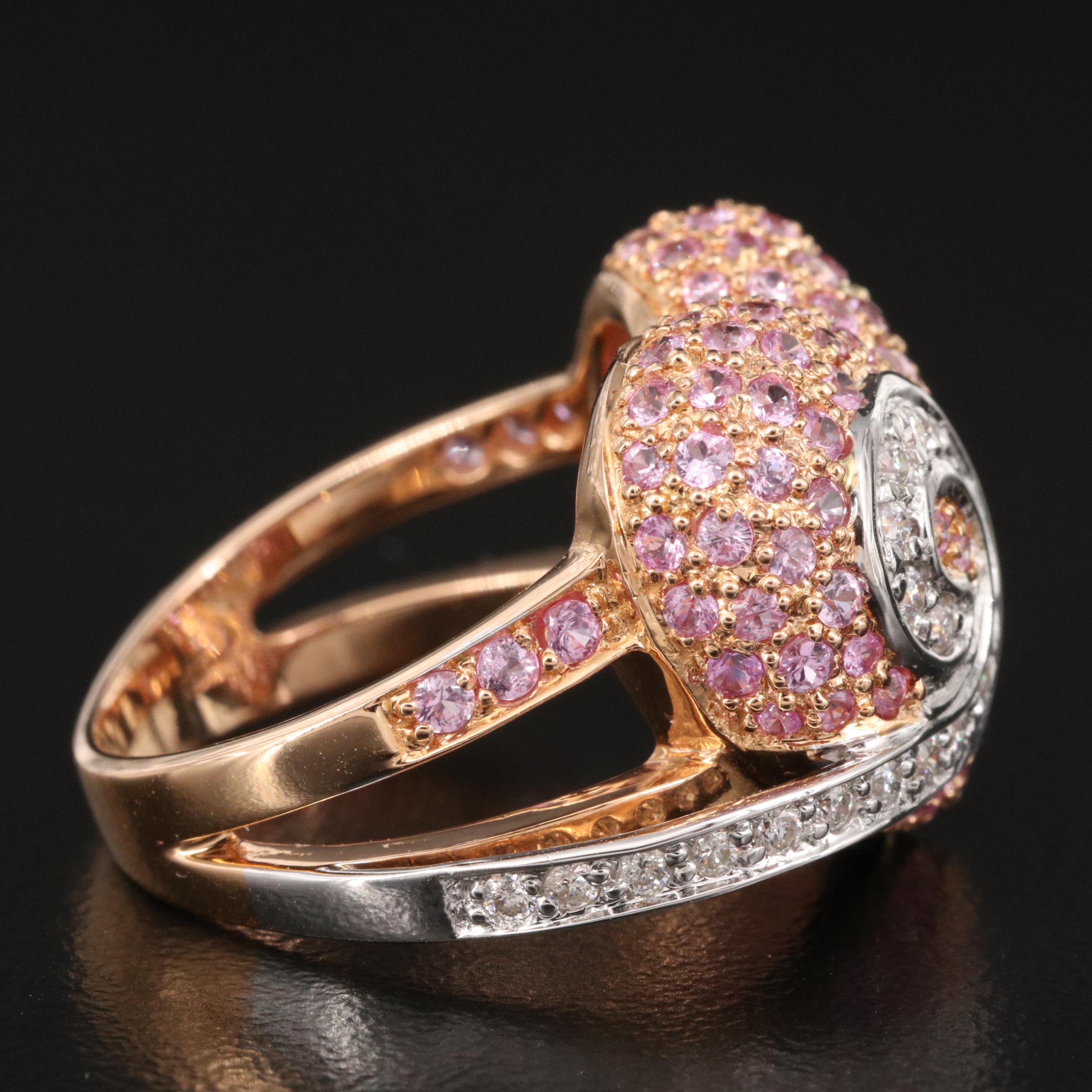 14K Diamond and Pink Sapphire Puff Heart Ring with Spiral