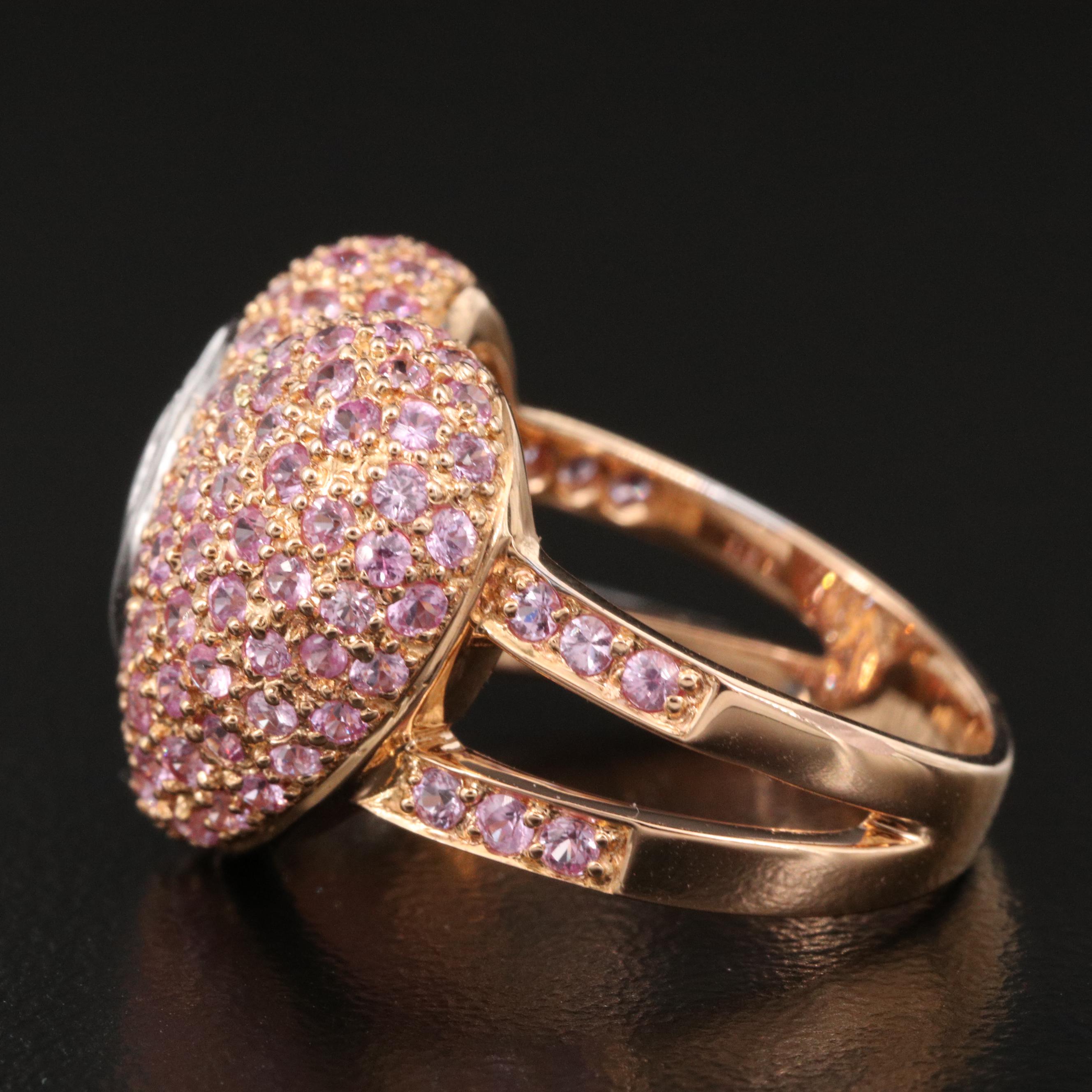 14K Diamond and Pink Sapphire Puff Heart Ring with Spiral