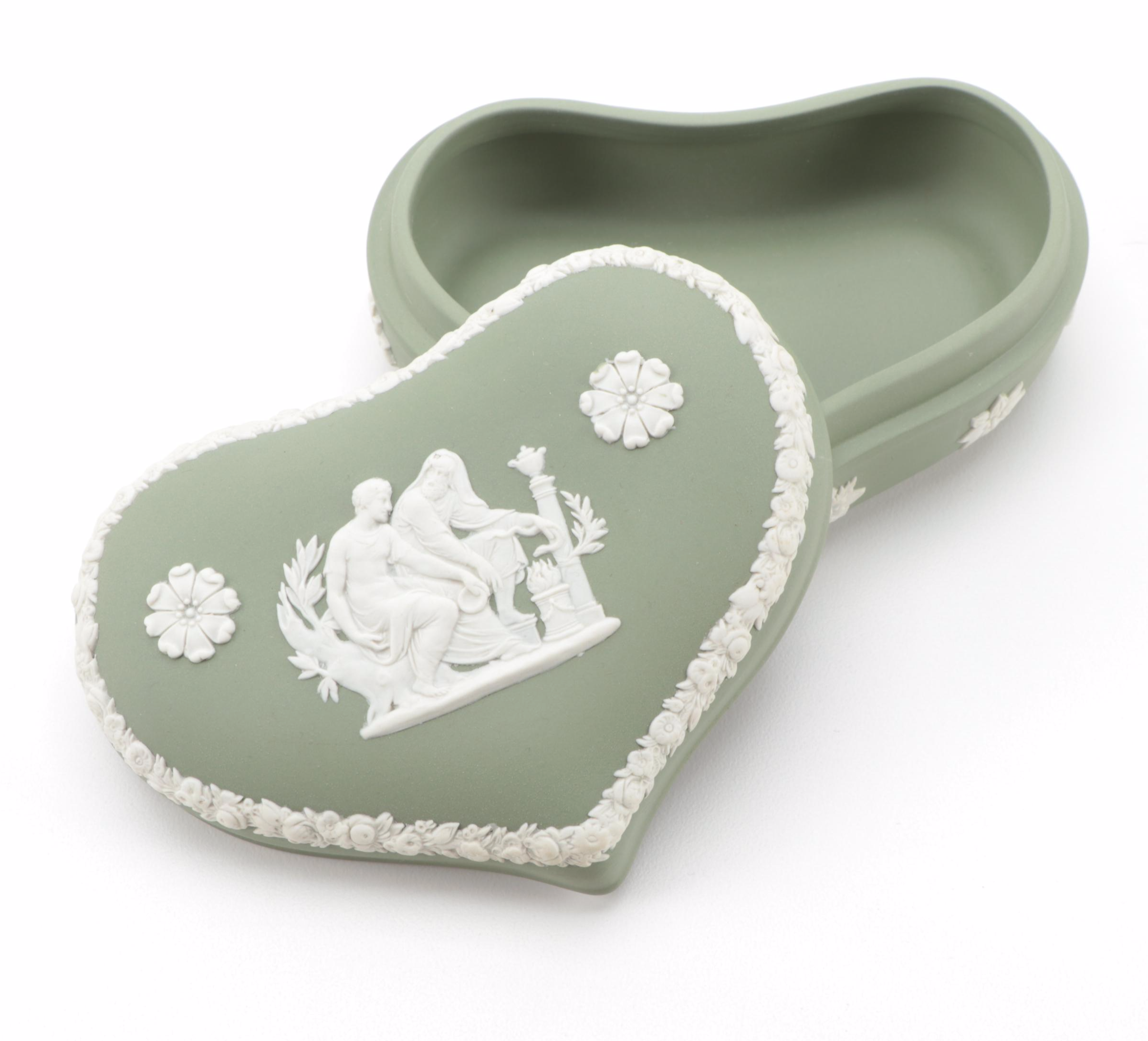 Wedgwood Green and Blue Jasperware Ashtrays and Heart Box