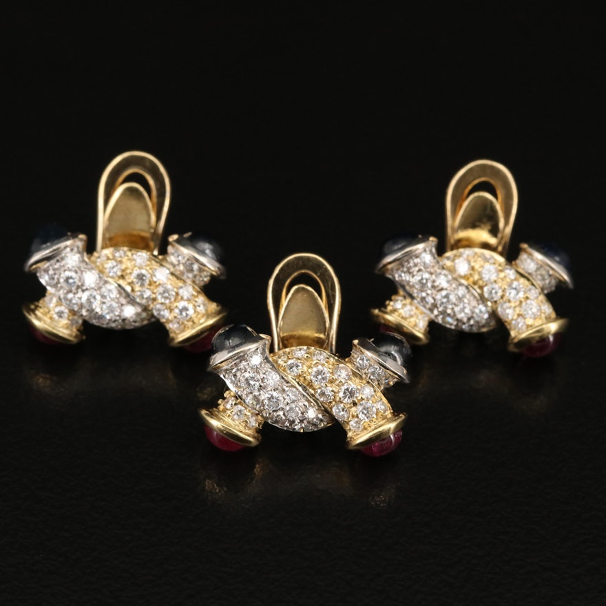 18K Two-Tone Gold Sapphire, Ruby and 1.24 CTW Diamond Tuxedo Studs