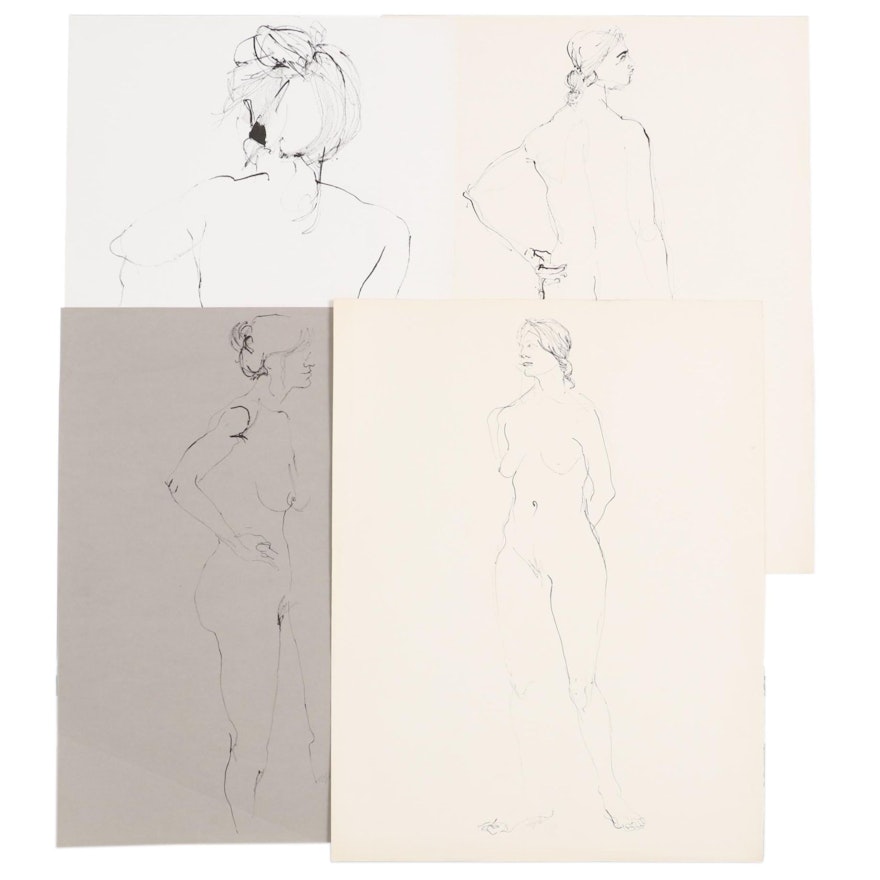 John Tuska Figural Nude Ink Drawings, Mid-Late 20th Century