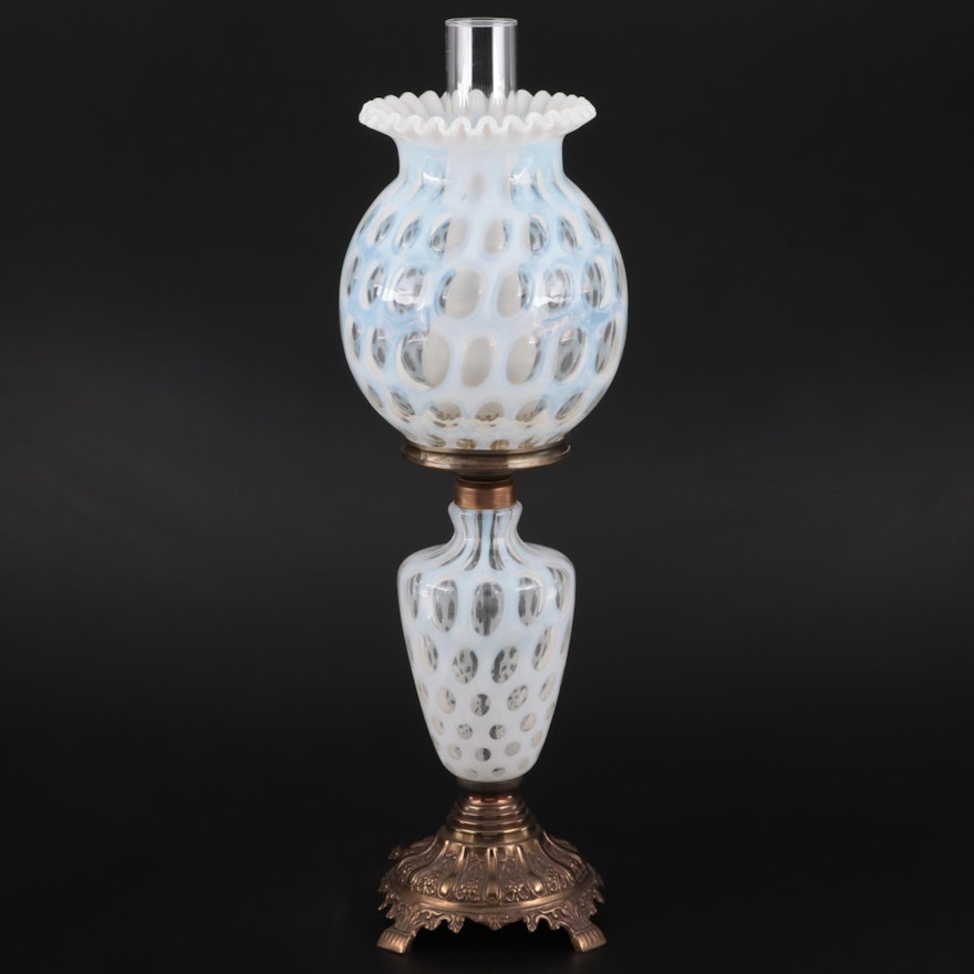 Opalescent Coin Dot Glass and Brass Table Lamp, Mid/Late 20th Century