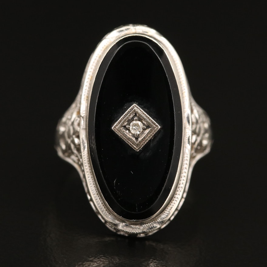Vintage 14K Black Onyx and Diamond Filigree Ring