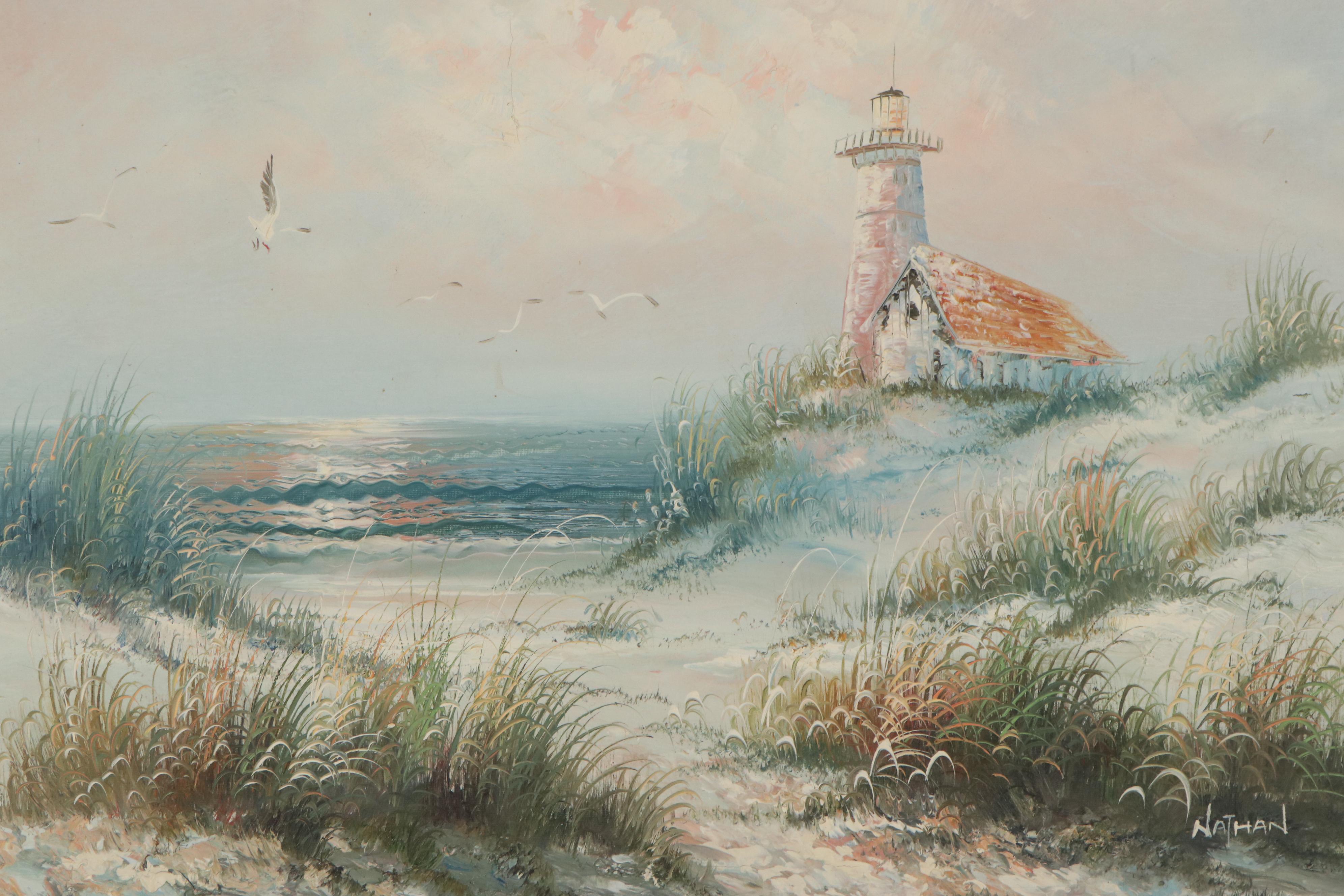 Beach Scene Oil Painting with Lighthouse