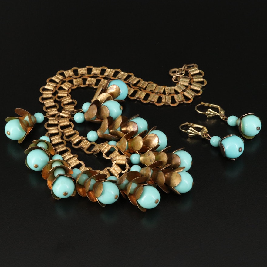 1940s Faux Turquoise Fringe Necklace and Earring Set