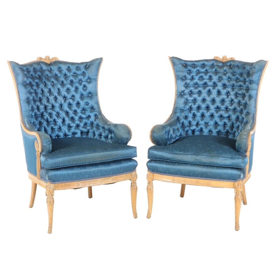 Neoclassical Style Carved Birch Tufted Upholstered Arm Chairs, Early 20th C.