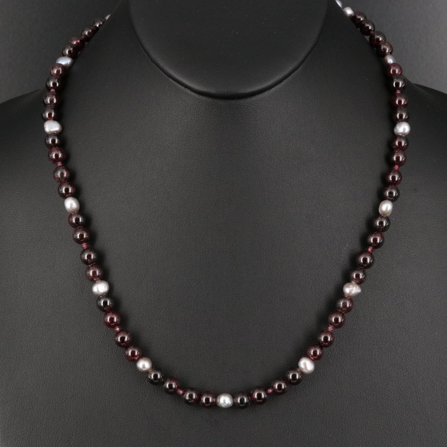 Sterling Garnet and Pearl Necklace with Cubic Zirconia Clasp