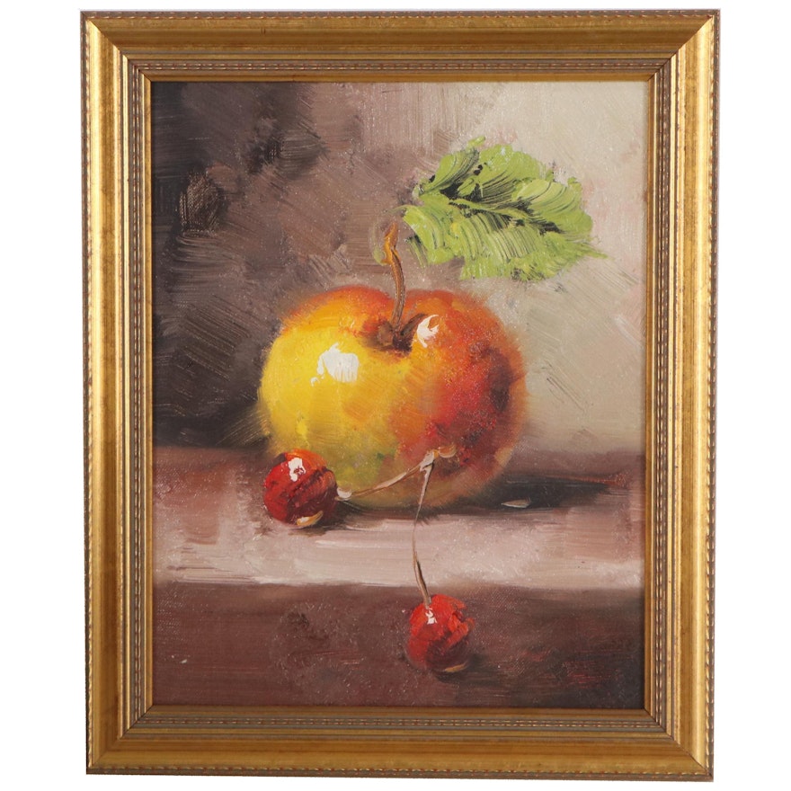 Still Life Oil Painting of Apple and Cherries, 21st Century