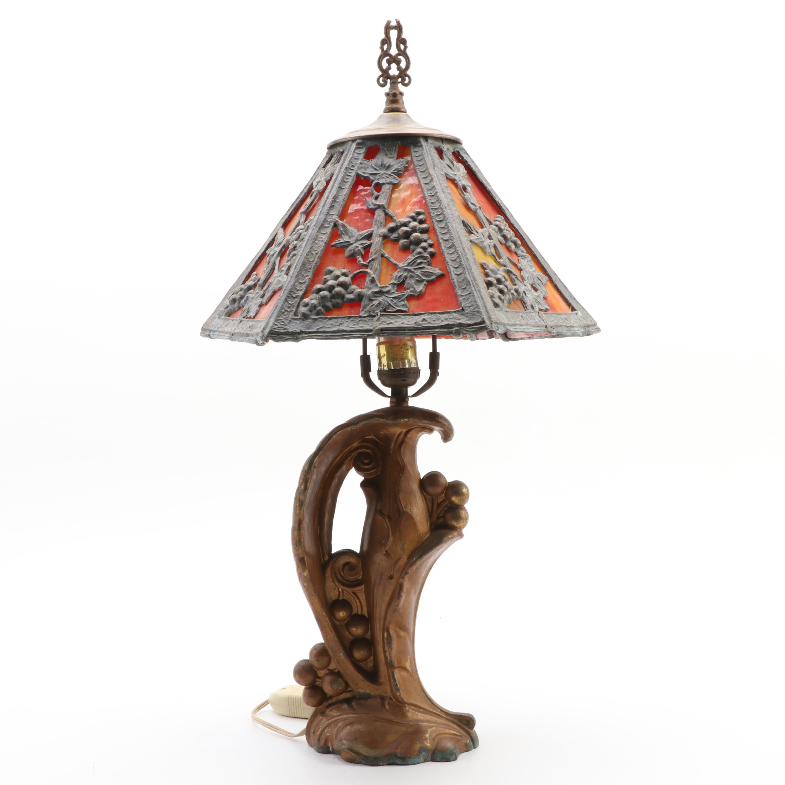 Tiffany Style Slag Glass Gilt Metal Art Nouveau Table Lamp