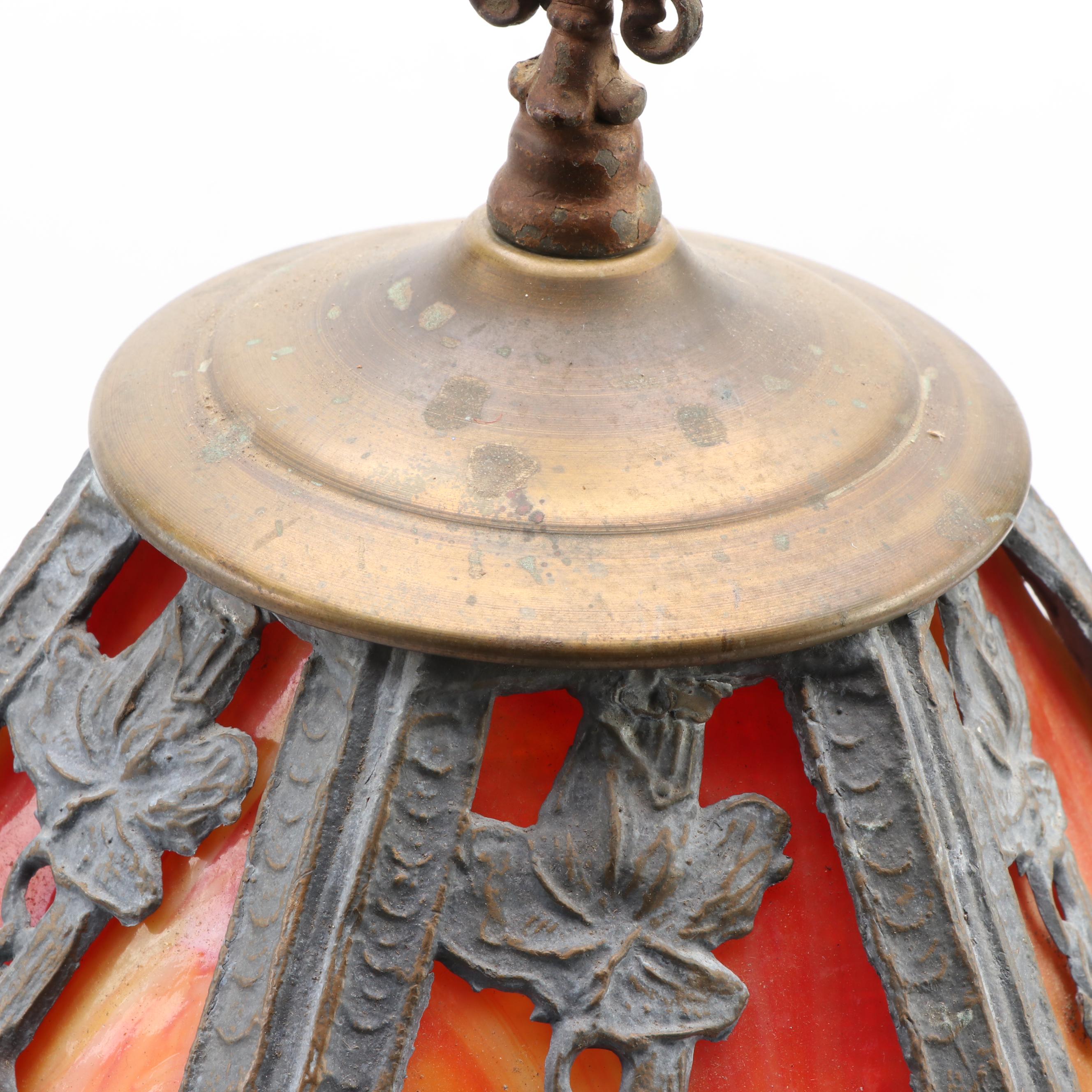Tiffany Style Slag Glass Gilt Metal Art Nouveau Table Lamp