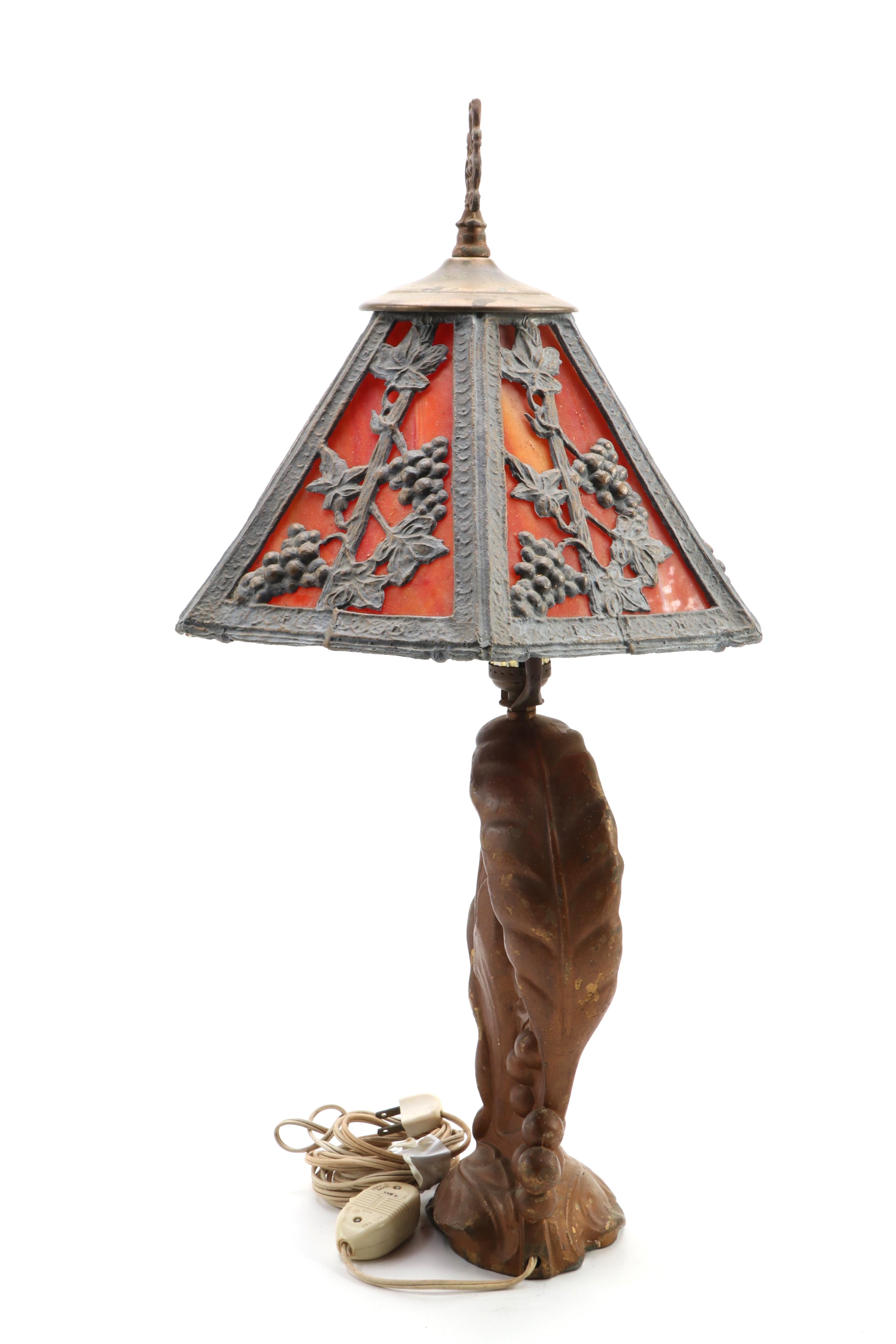 Tiffany Style Slag Glass Gilt Metal Art Nouveau Table Lamp