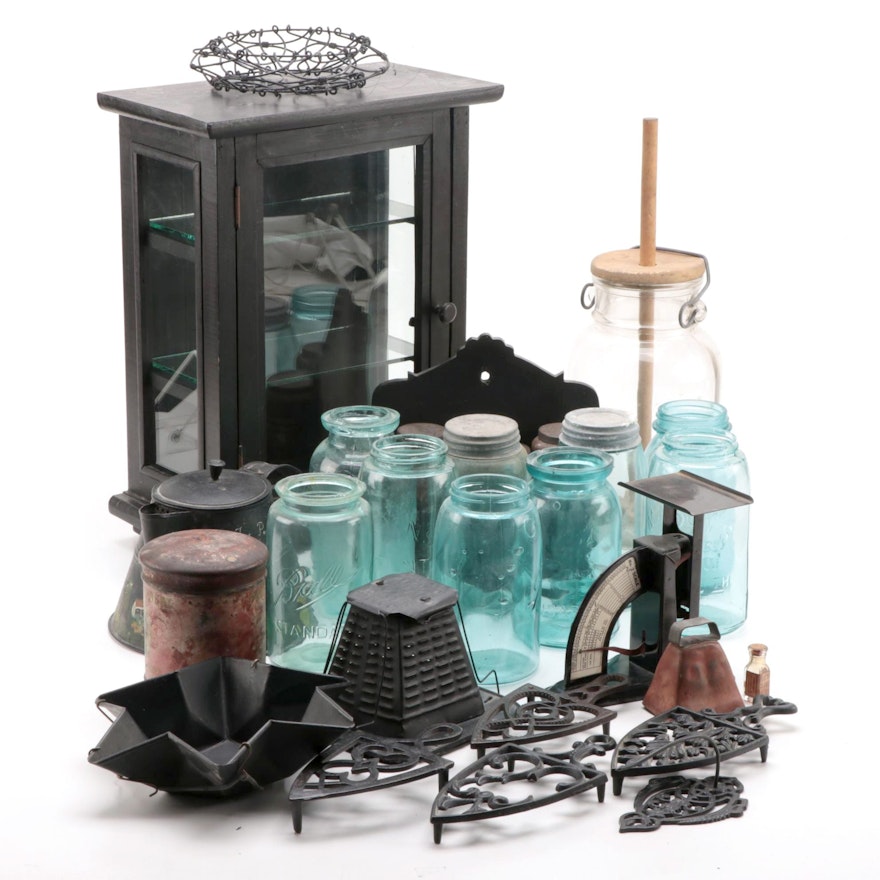 Canning Jars, Trivets, Spice Tins, Display Cabinet and Other Kitchen Gadgets