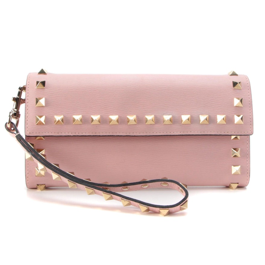 Valentino Garavani Rockstud Front Flap Wallet Wristlet in Pink Leather