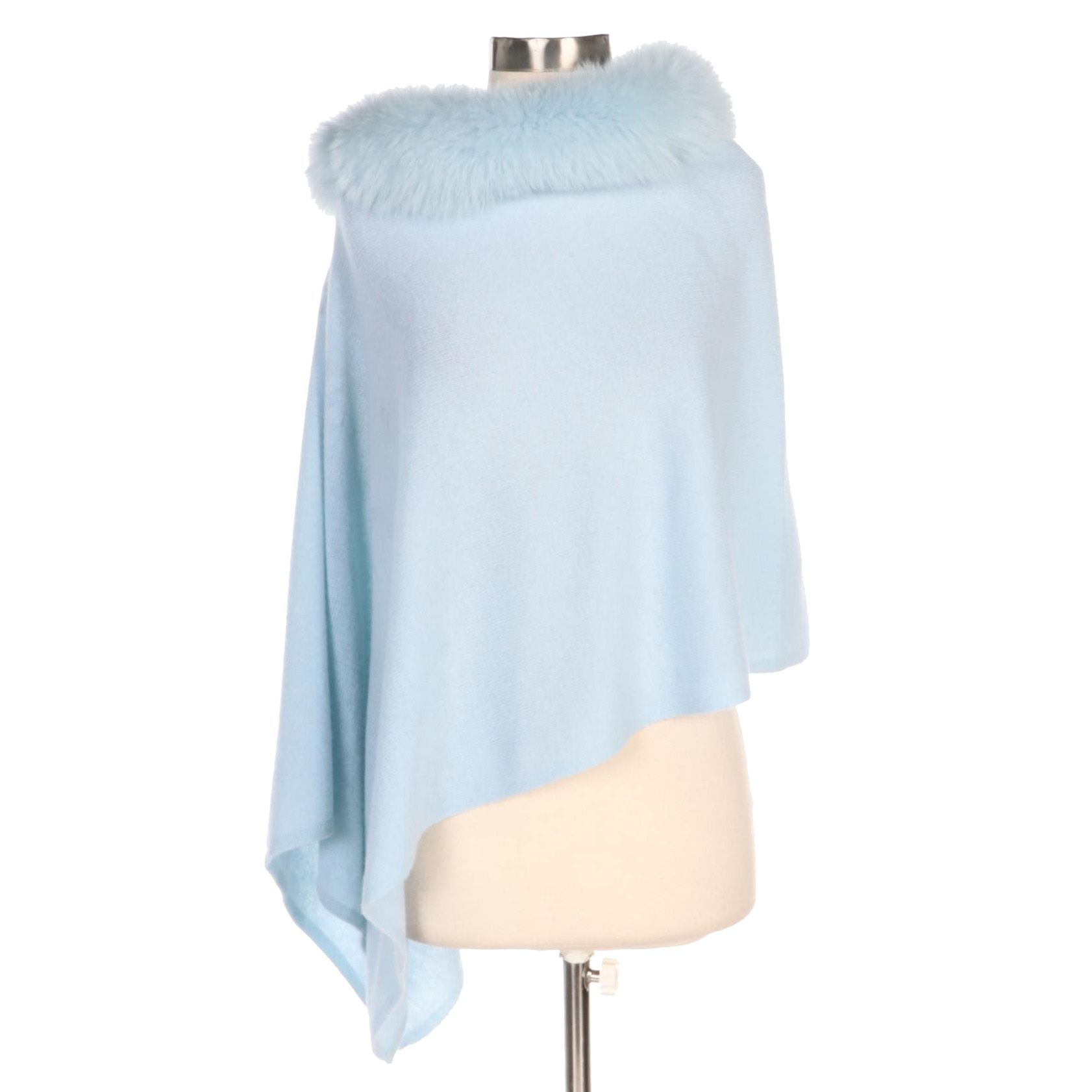 Blue Cashmere Poncho with Dyed Fox Fur Trim with Furrier Tag