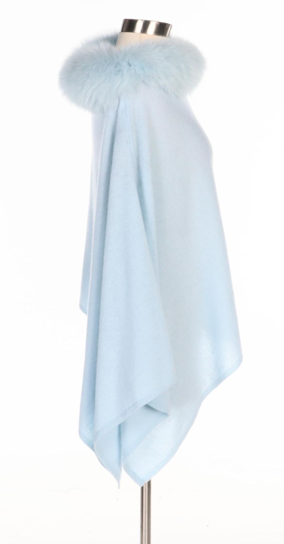Blue Cashmere Poncho with Dyed Fox Fur Trim with Furrier Tag