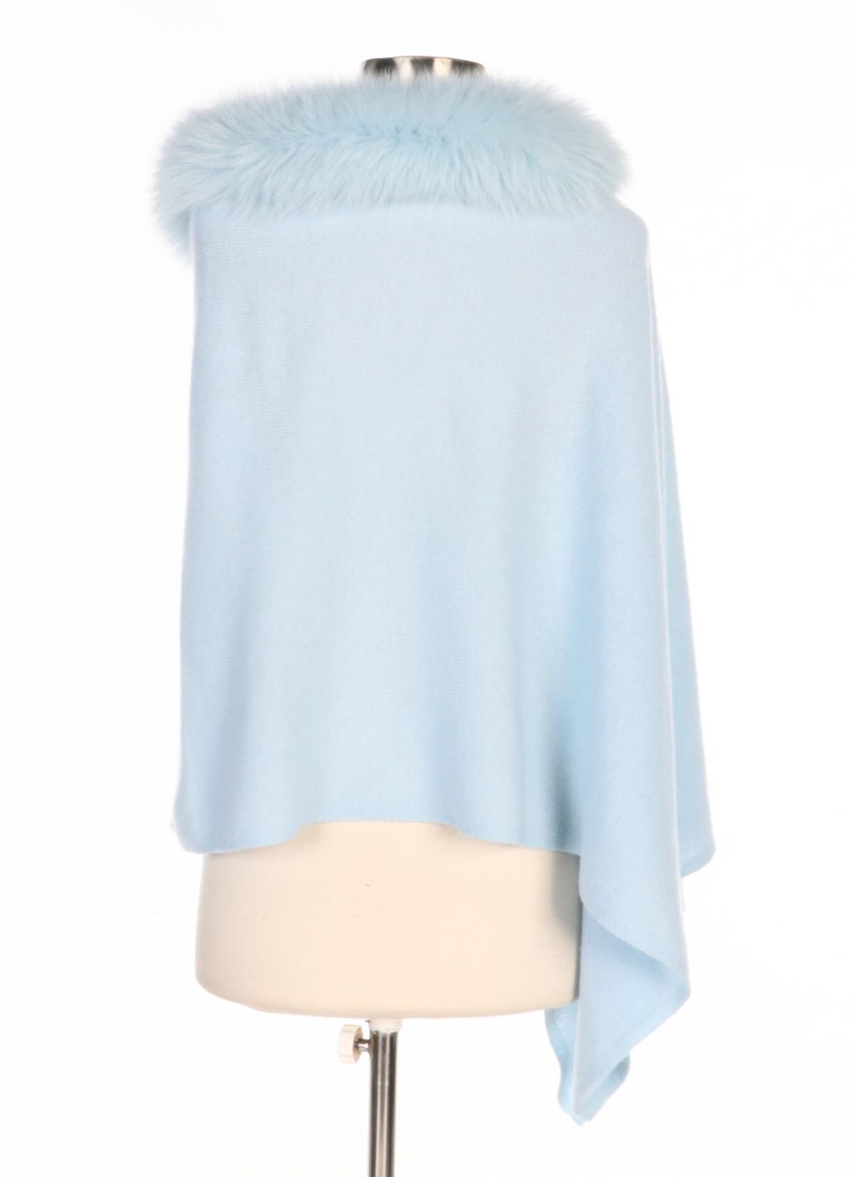 Blue Cashmere Poncho with Dyed Fox Fur Trim with Furrier Tag