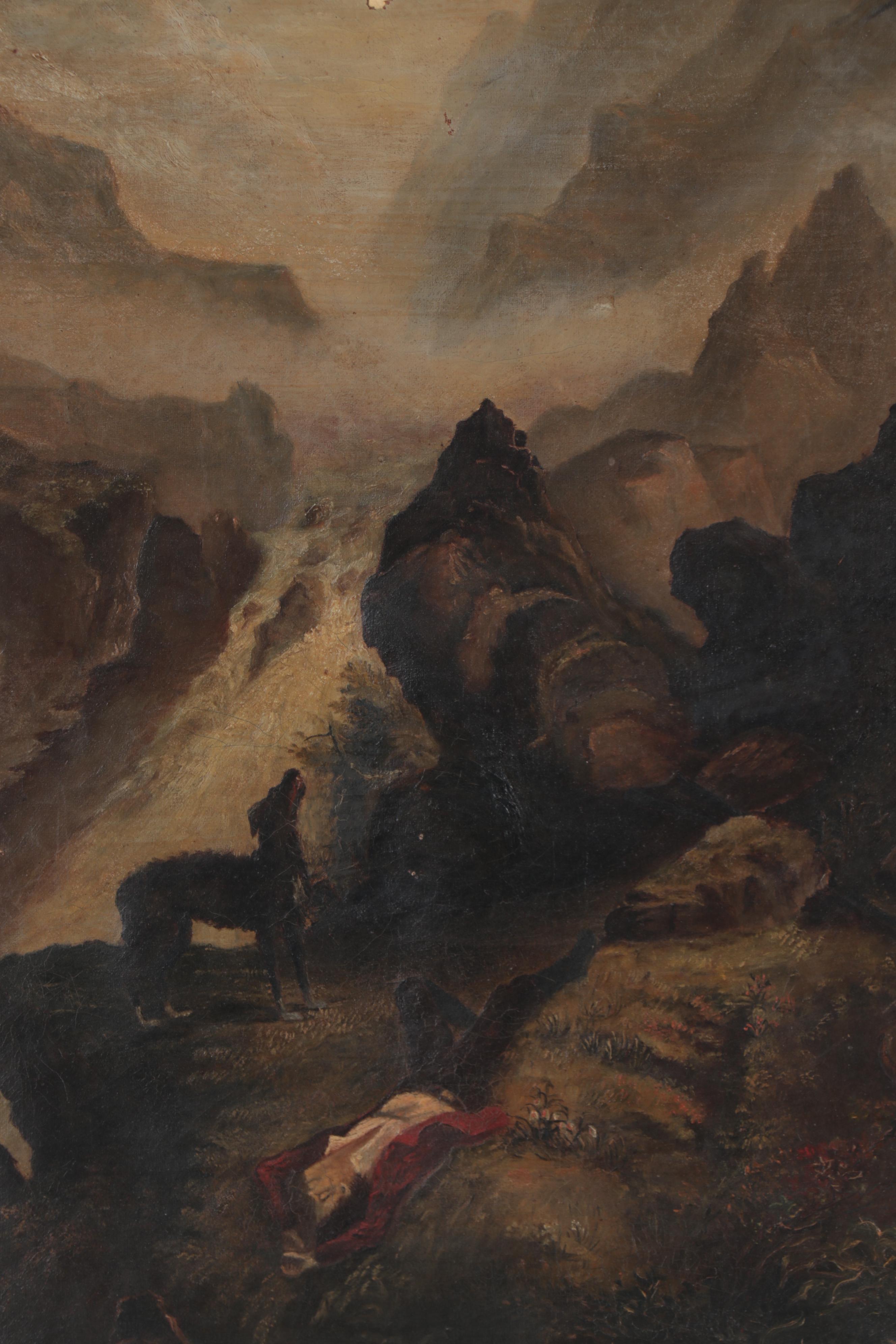 Landscape Oil Painting of Man Lying Next to a Waterfall, Mid-20th Century