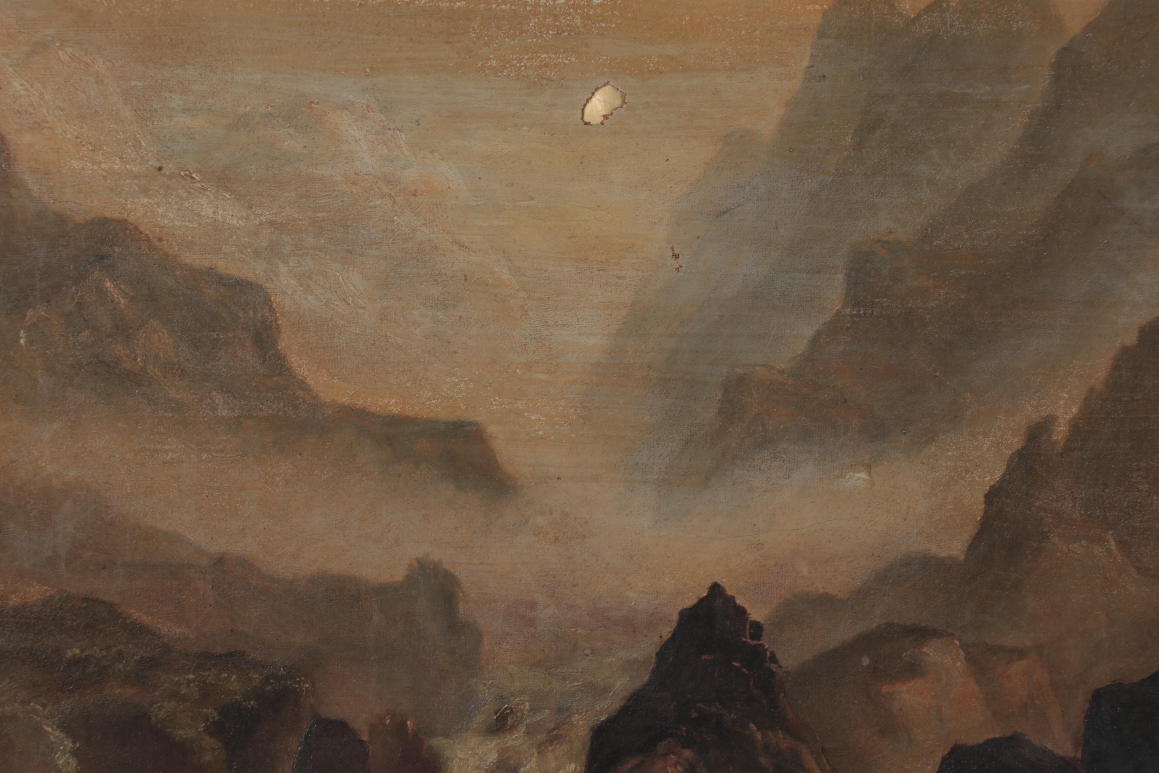 Landscape Oil Painting of Man Lying Next to a Waterfall, Mid-20th Century