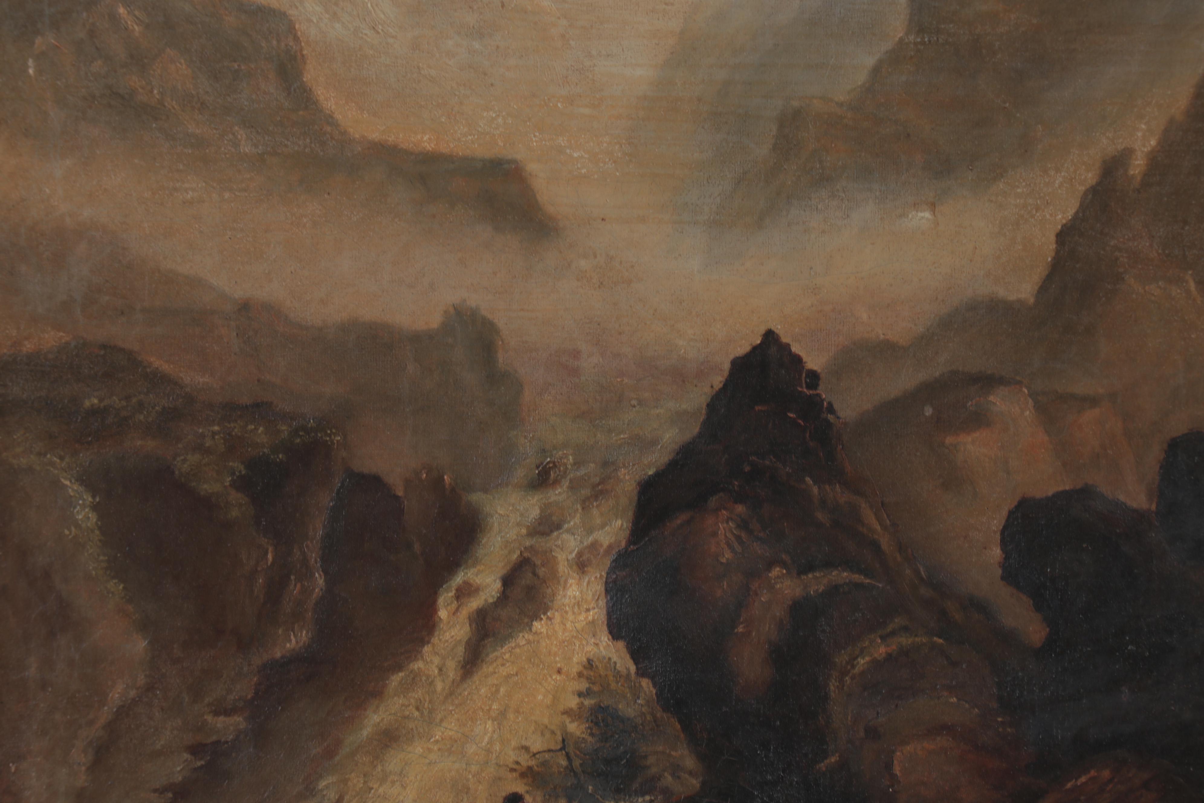 Landscape Oil Painting of Man Lying Next to a Waterfall, Mid-20th Century