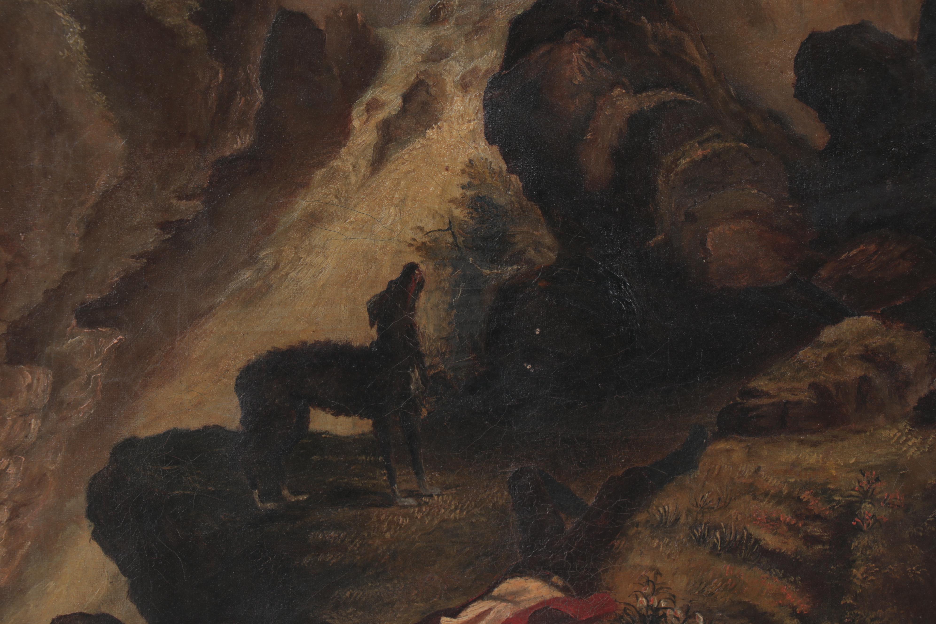 Landscape Oil Painting of Man Lying Next to a Waterfall, Mid-20th Century