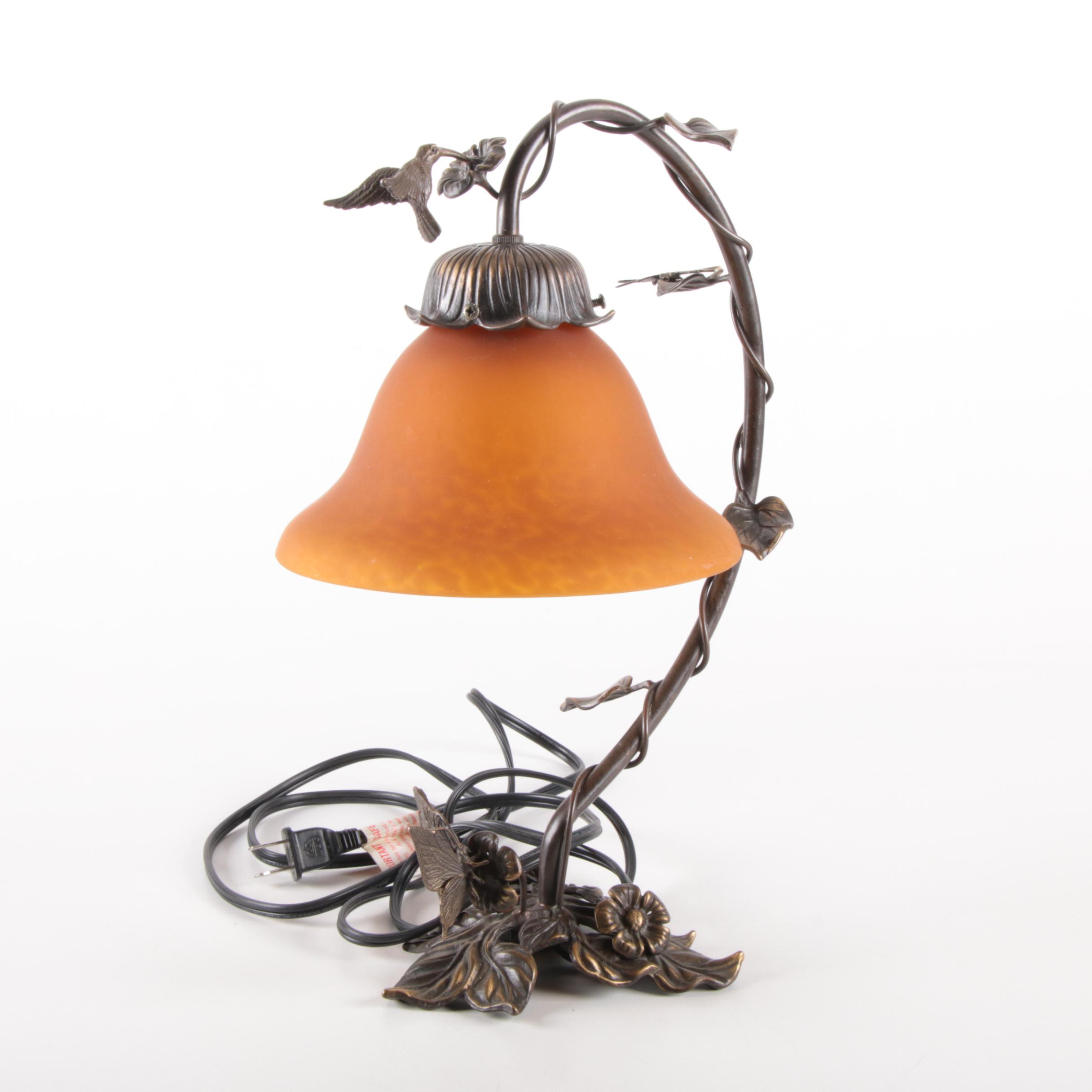 Art Nouveau Hummingbird Accent Lamp with Amber Glass Shade