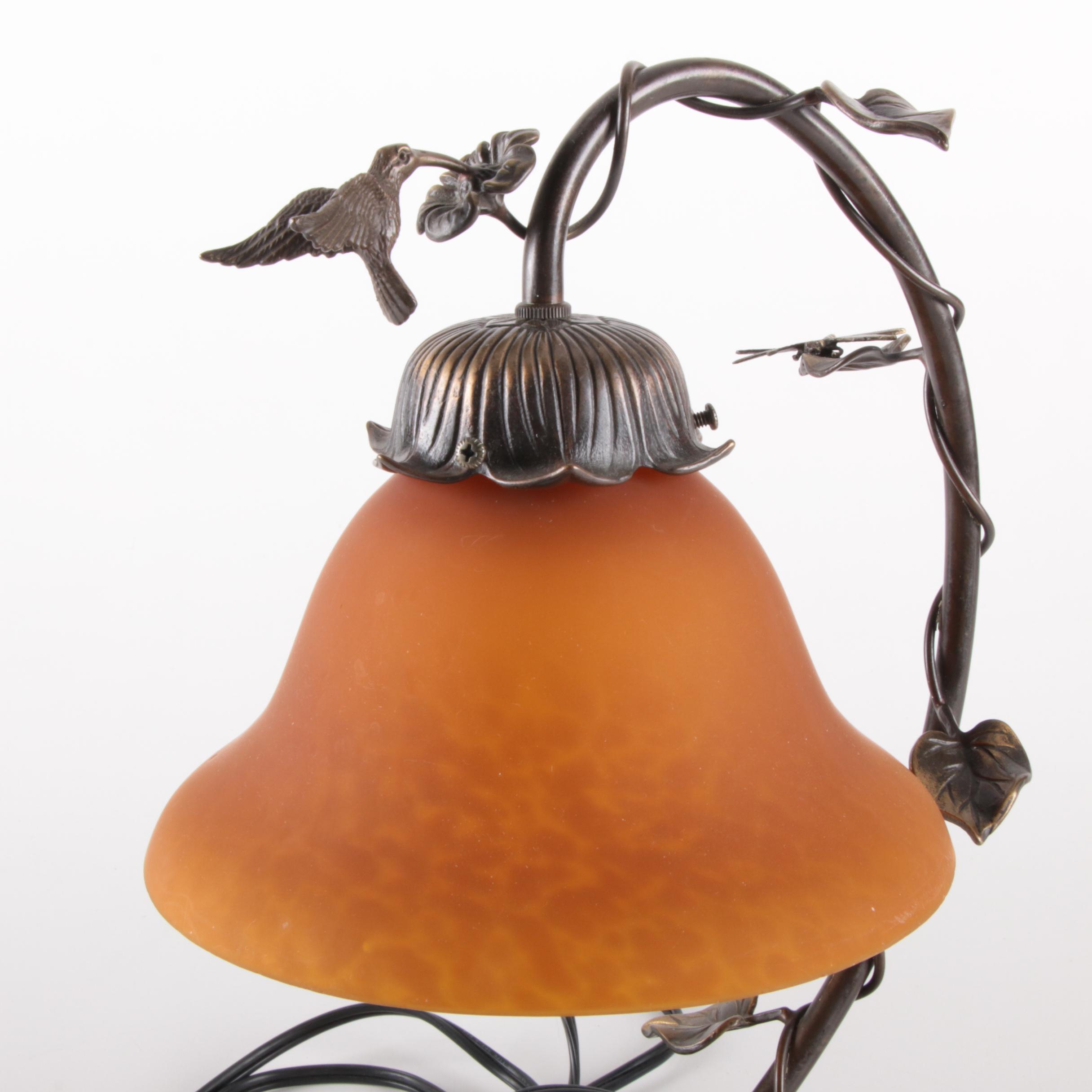 Art Nouveau Hummingbird Accent Lamp with Amber Glass Shade