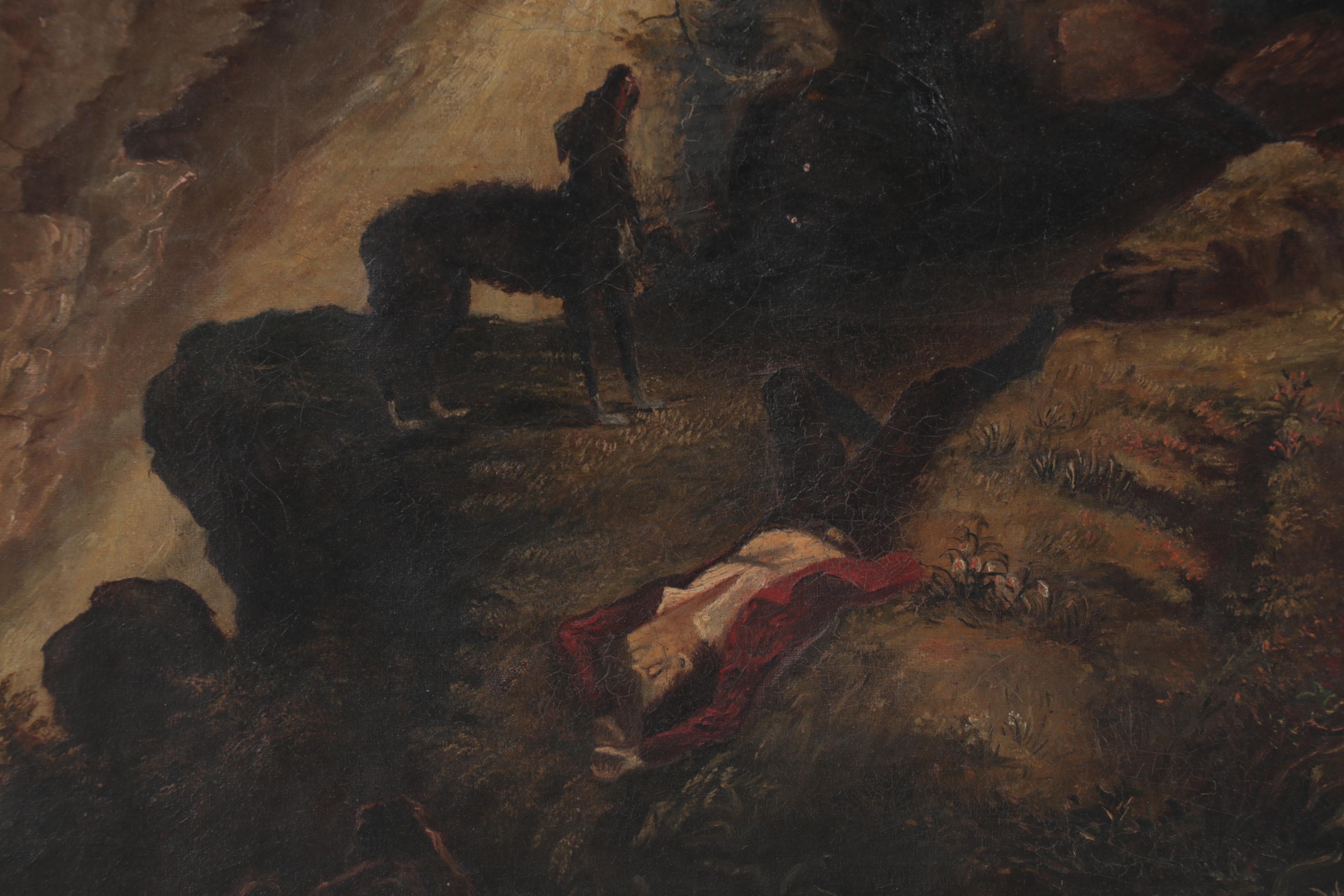 Landscape Oil Painting of Man Lying Next to a Waterfall, Mid-20th Century