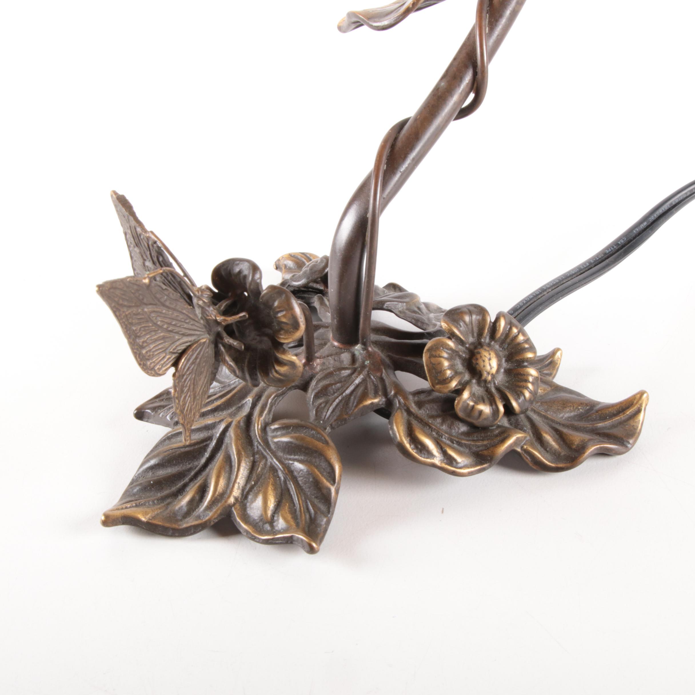 Art Nouveau Hummingbird Accent Lamp with Amber Glass Shade