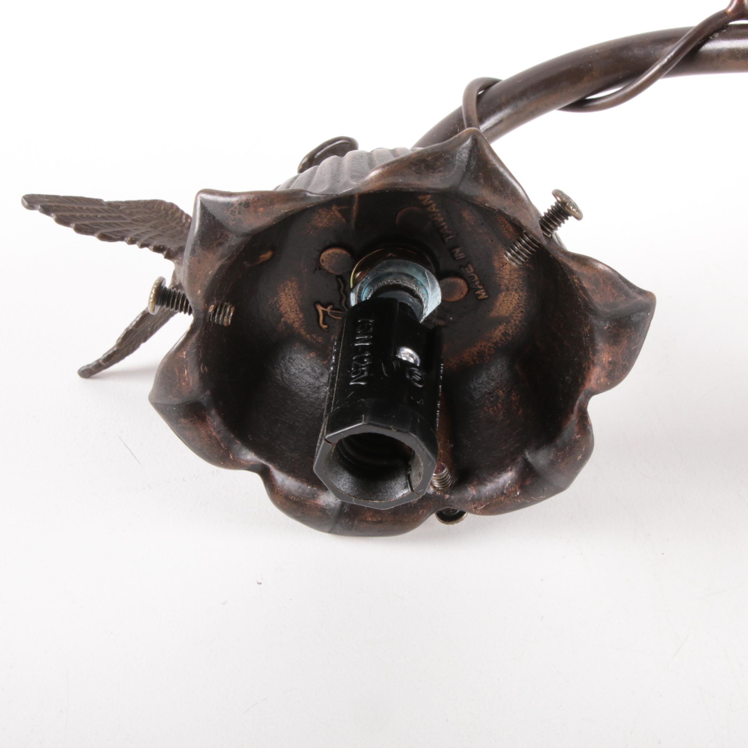 Art Nouveau Hummingbird Accent Lamp with Amber Glass Shade