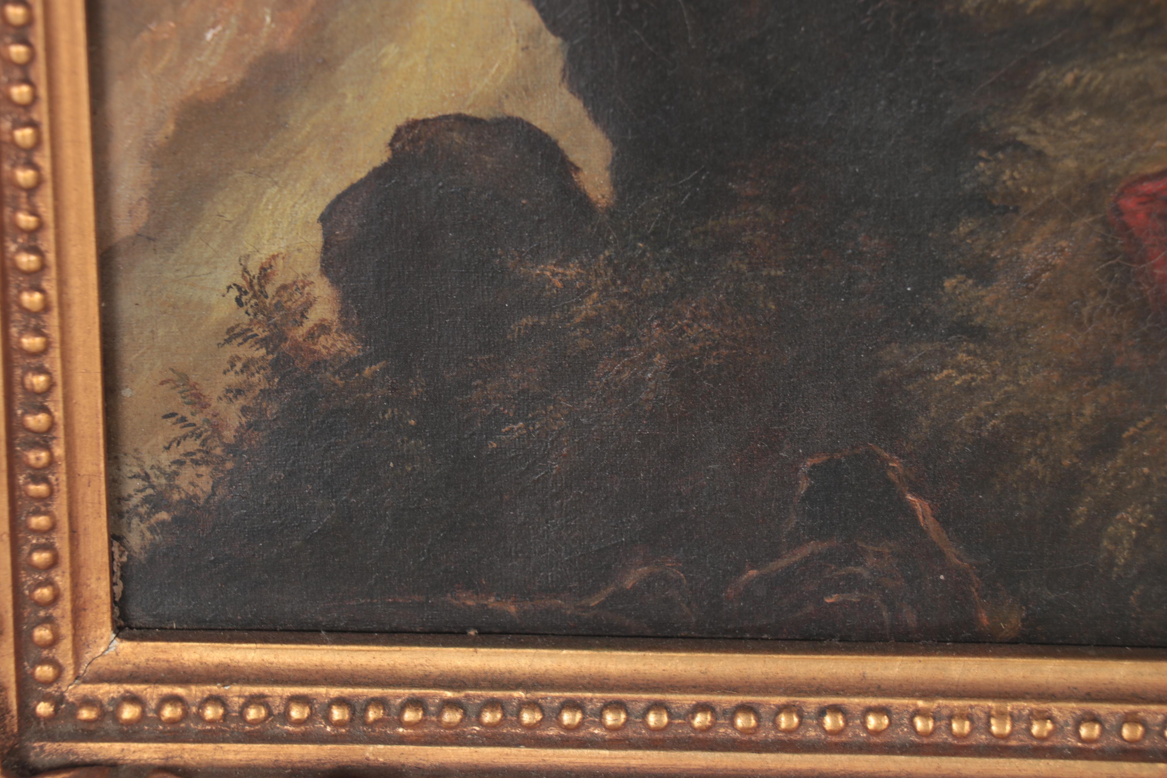 Landscape Oil Painting of Man Lying Next to a Waterfall, Mid-20th Century