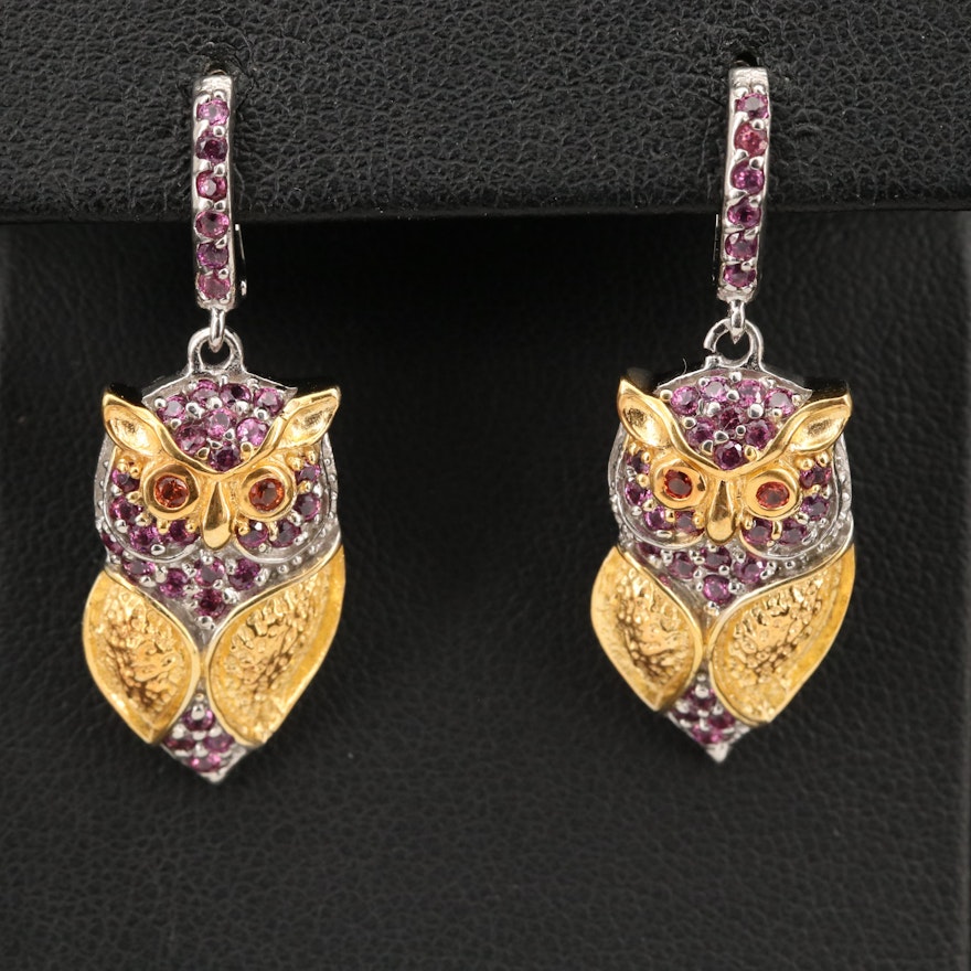 Sterling Garnet and Sapphire Owl Earrings