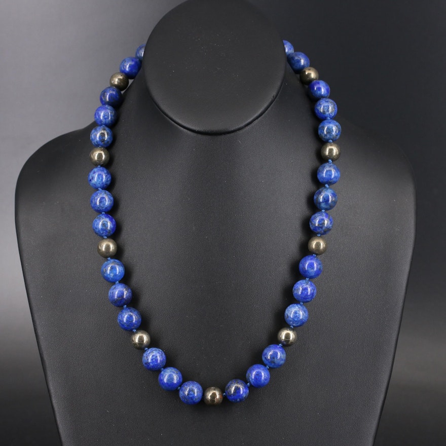 Lapis Lazuli and Pyrite Beaded Necklace with Sterling Clasp