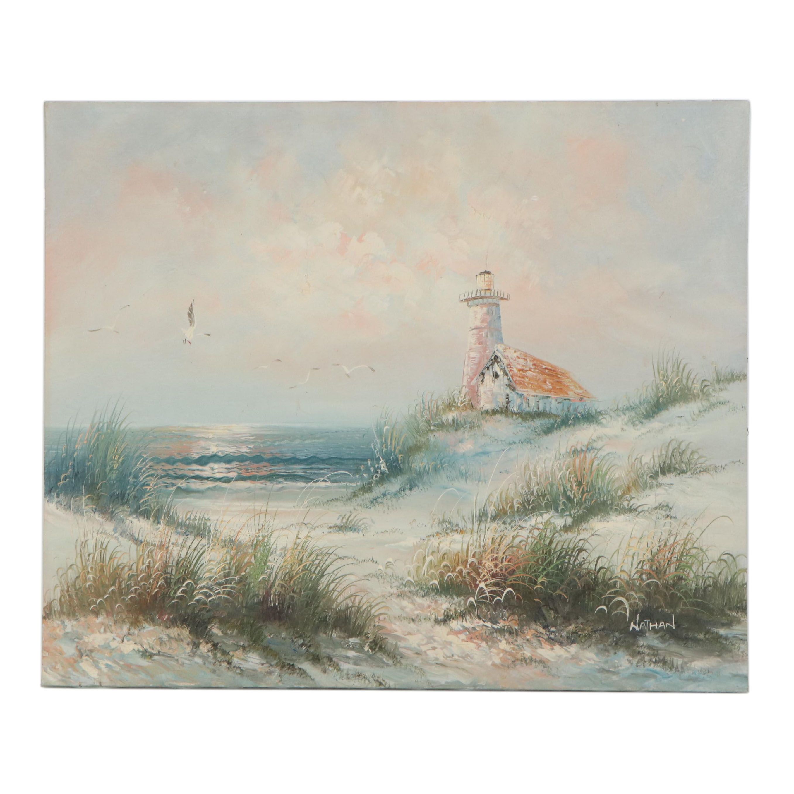 Beach Scene Oil Painting with Lighthouse
