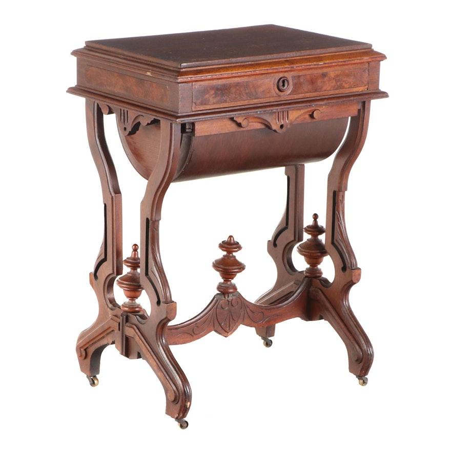 Victorian Walnut and Burl Walnut Sewing Table, Late 19th Century