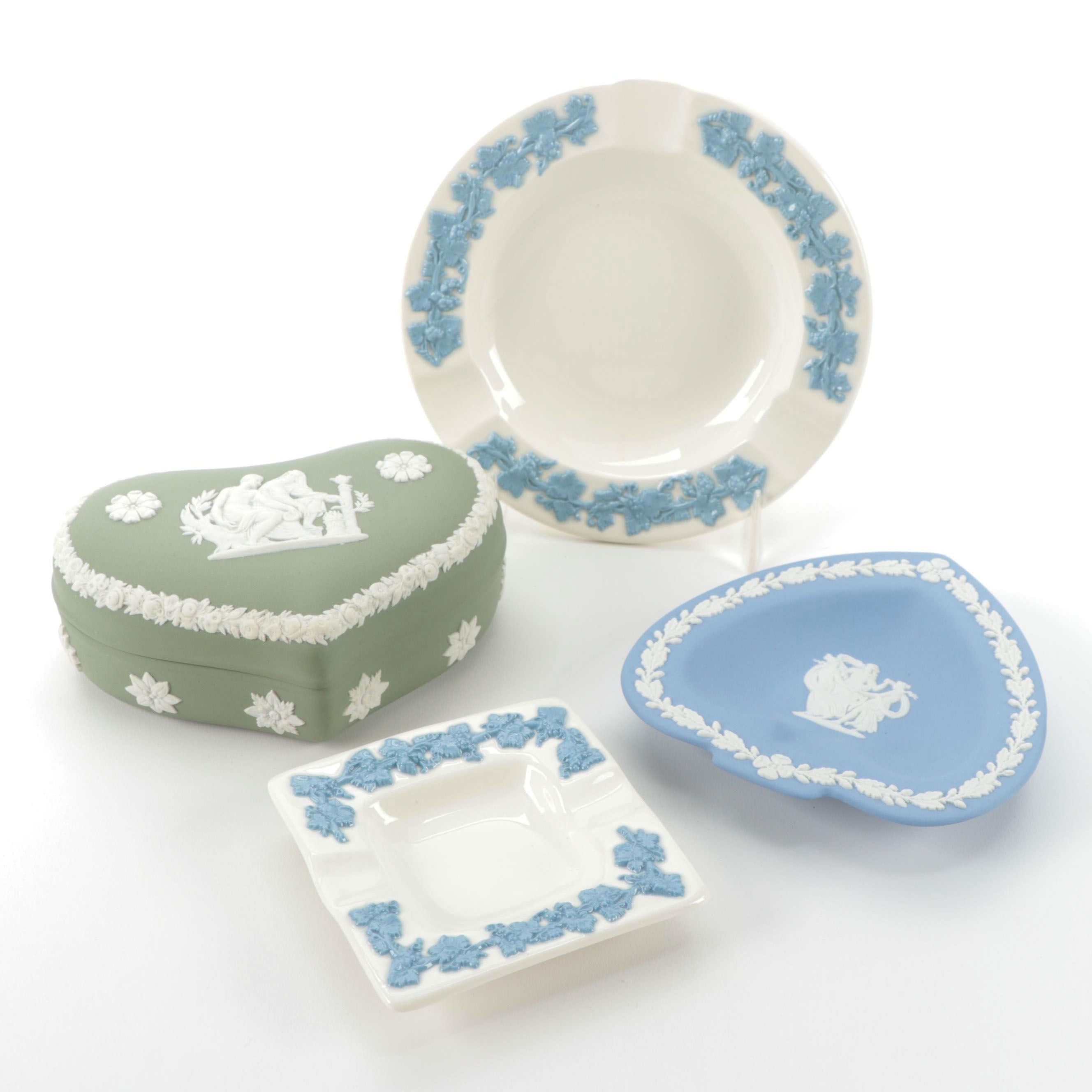 Wedgwood Green and Blue Jasperware Ashtrays and Heart Box