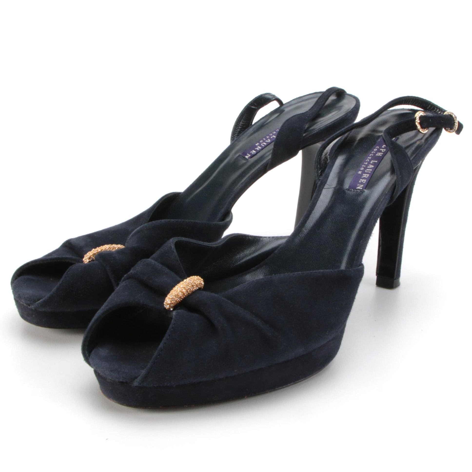 Ralph Lauren Purple Label Navy Suede Peep-Toe Slingback Heels