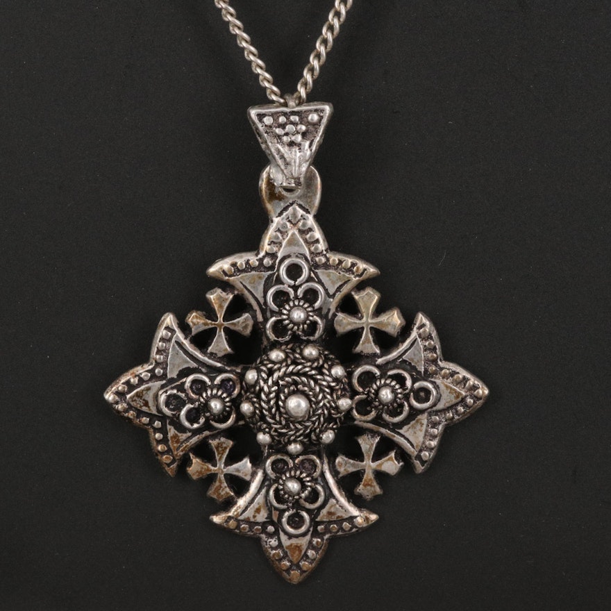 900 Silver Jerusalem Cross Pendant on Sterling Curb Chain Necklace