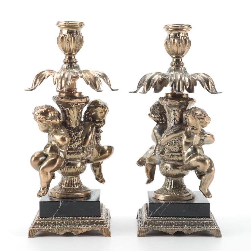 Baroque Style Gilt Metal Figural Candlesticks, Mid to Late 20th Century