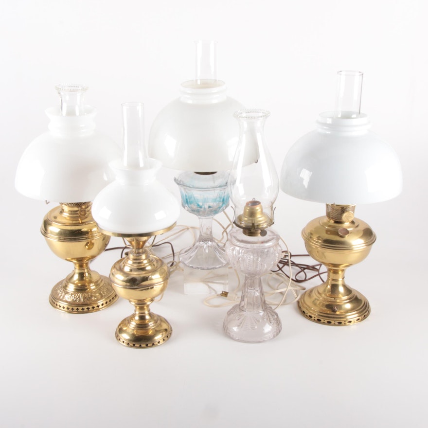 Brass and Pressed Glass Converted Oil Table Lamps, Mid-20th Century